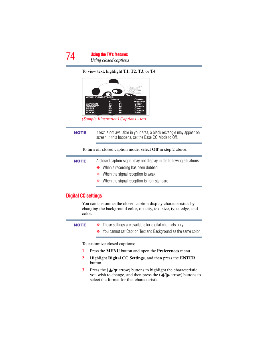 Digital cc settings | OxiBrands Integrated High Definition LCD Television 40E220U User Manual | Page 74 / 130