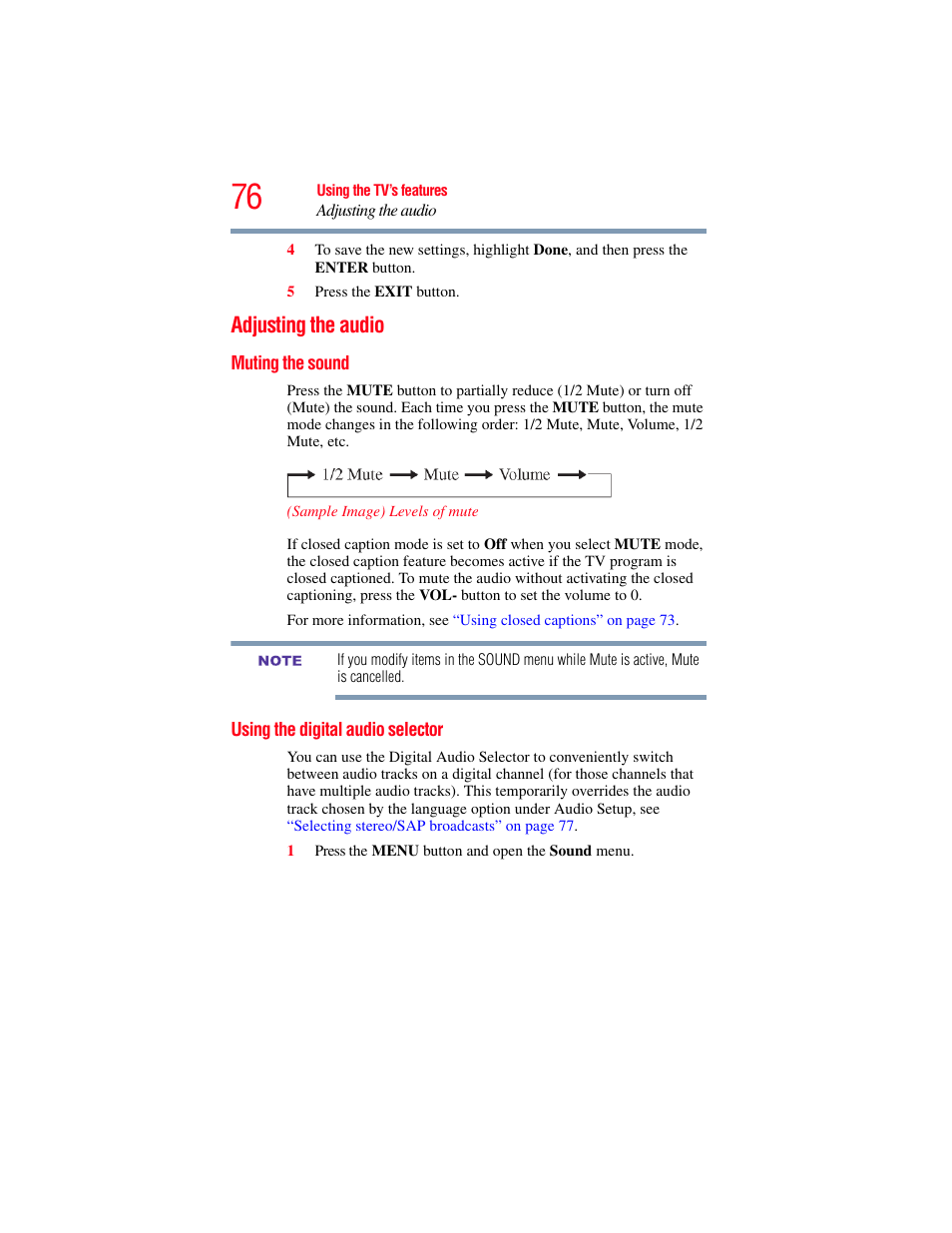 Adjusting the audio, Muting the sound, Using the digital audio selector | Muting the sound using the digital audio selector, Und, see, Muting | OxiBrands Integrated High Definition LCD Television 40E220U User Manual | Page 76 / 130