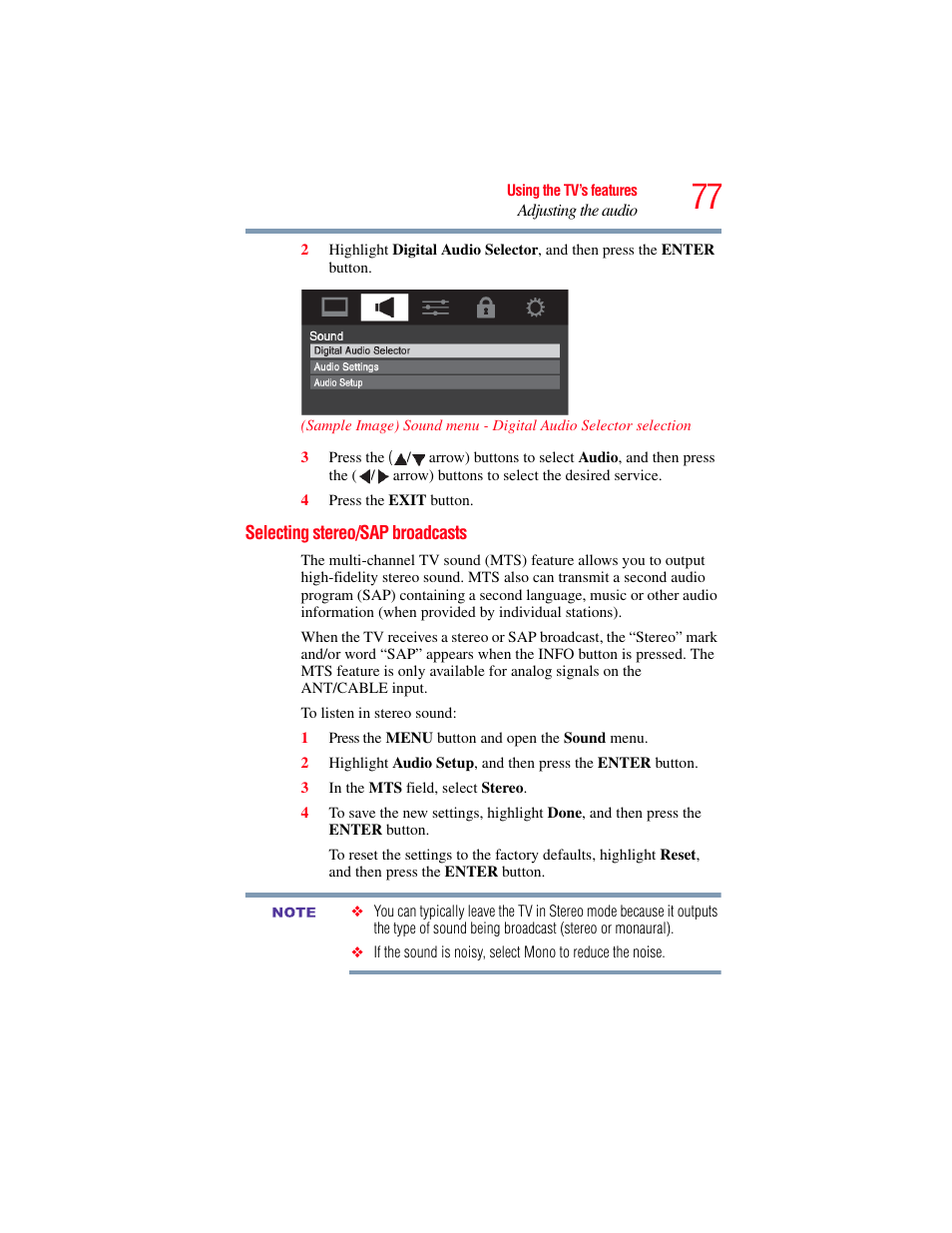 Selecting stereo/sap broadcasts | OxiBrands Integrated High Definition LCD Television 40E220U User Manual | Page 77 / 130