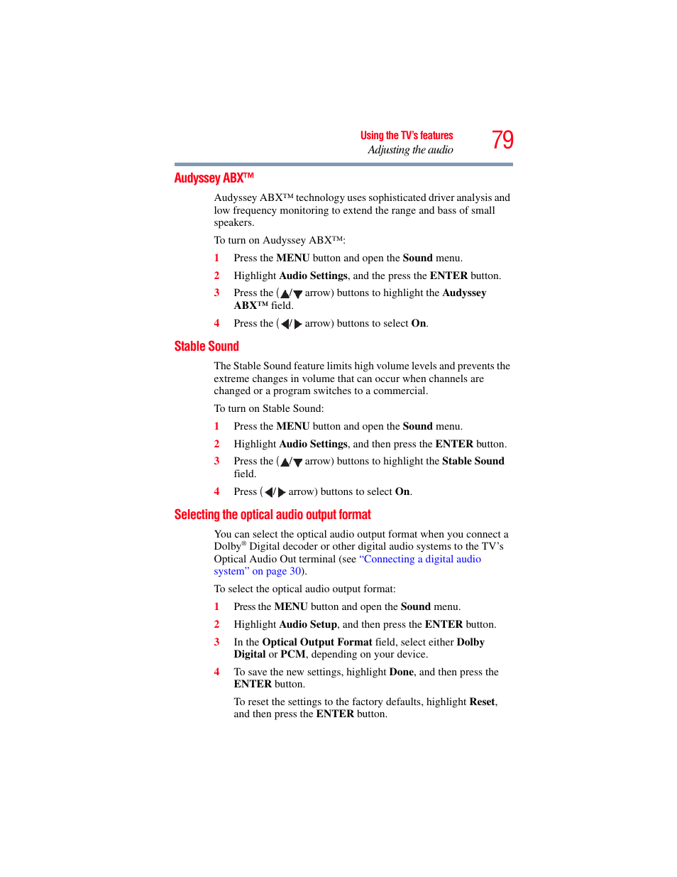 Audyssey abx, Stable sound, Selecting the optical audio output format | OxiBrands Integrated High Definition LCD Television 40E220U User Manual | Page 79 / 130