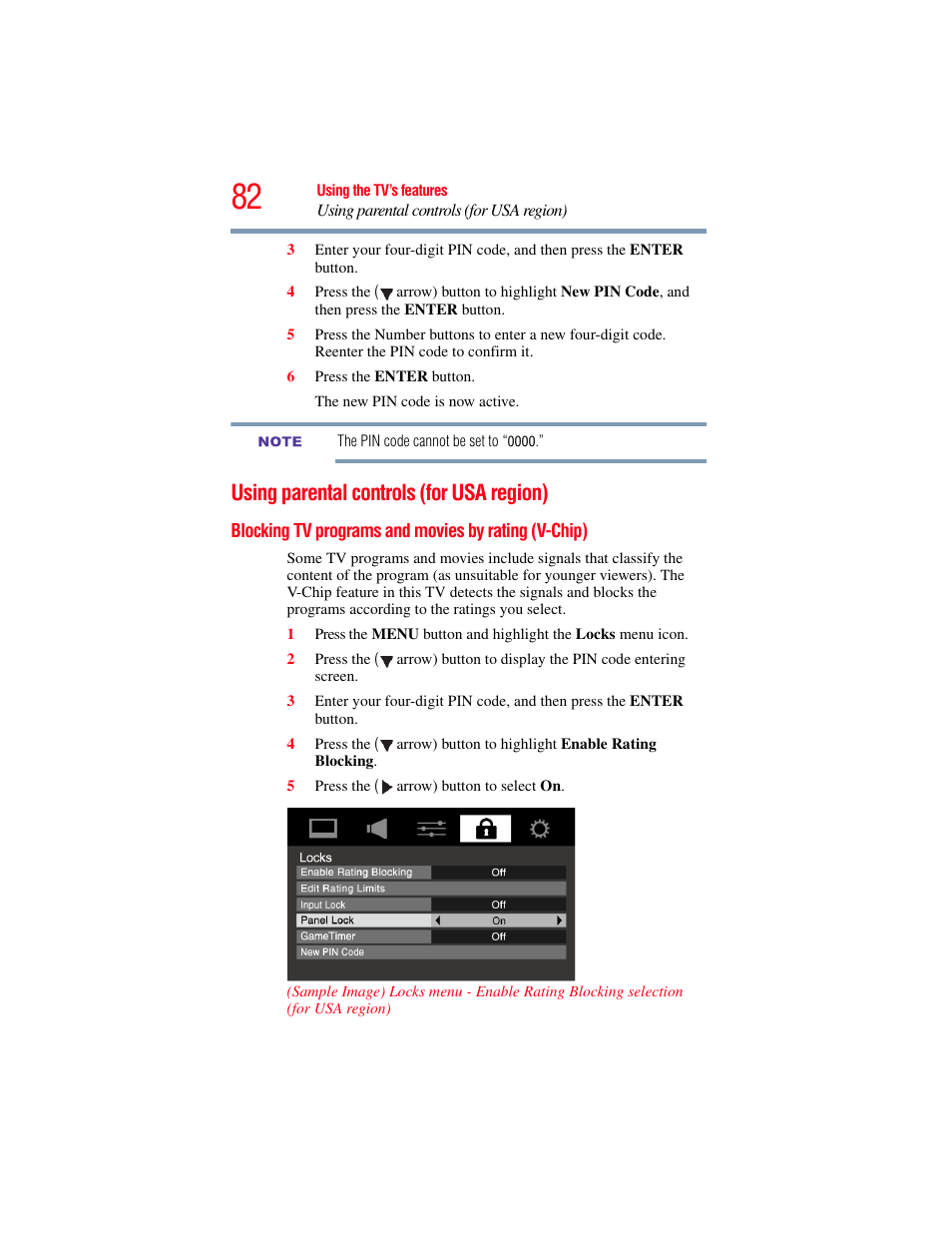 Using parental controls (for usa region), Blocking tv programs and movies by rating (v-chip), Blocking tv programs and movies by | Rating (v-chip) | OxiBrands Integrated High Definition LCD Television 40E220U User Manual | Page 82 / 130