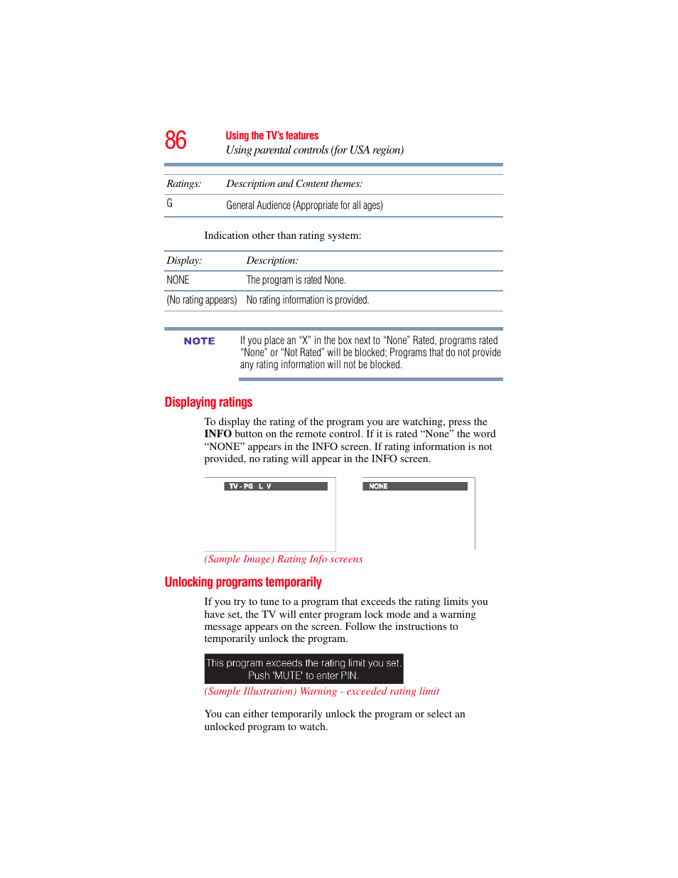 Displaying ratings, Unlocking programs temporarily, Displaying ratings unlocking programs temporarily | OxiBrands Integrated High Definition LCD Television 40E220U User Manual | Page 86 / 130