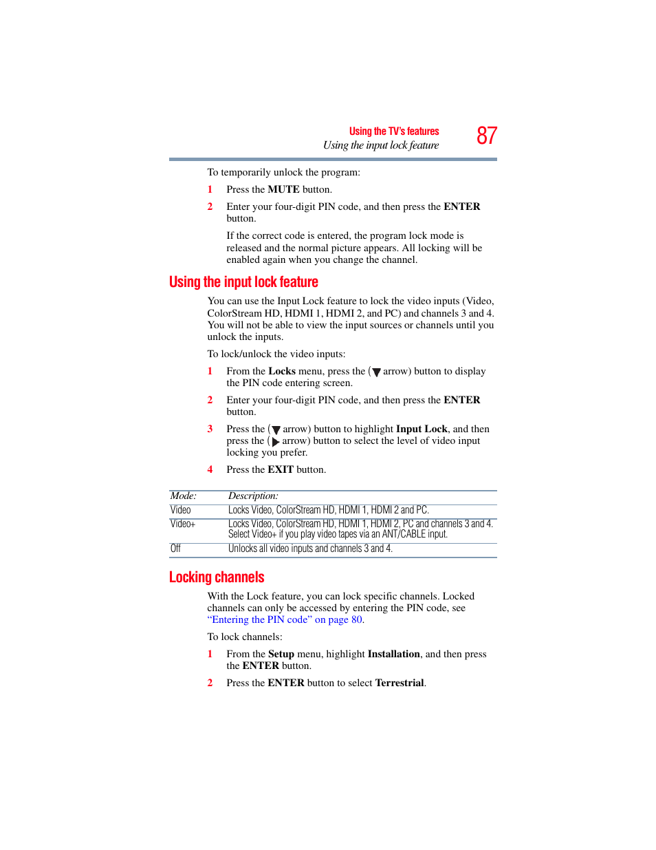 Using the input lock feature, Locking channels, Using the input lock feature locking channels | OxiBrands Integrated High Definition LCD Television 40E220U User Manual | Page 87 / 130