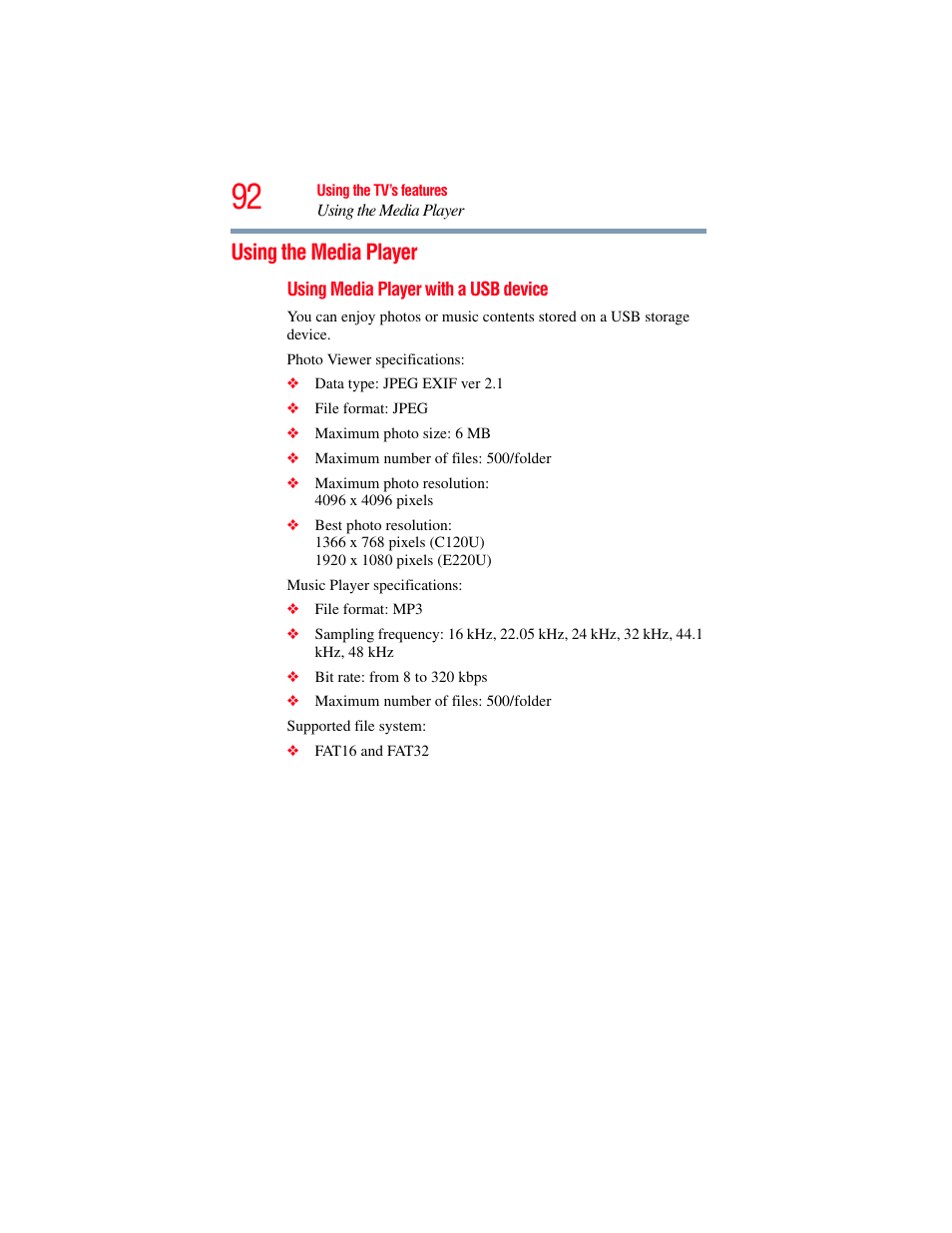 Using the media player, Music, see | OxiBrands Integrated High Definition LCD Television 40E220U User Manual | Page 92 / 130