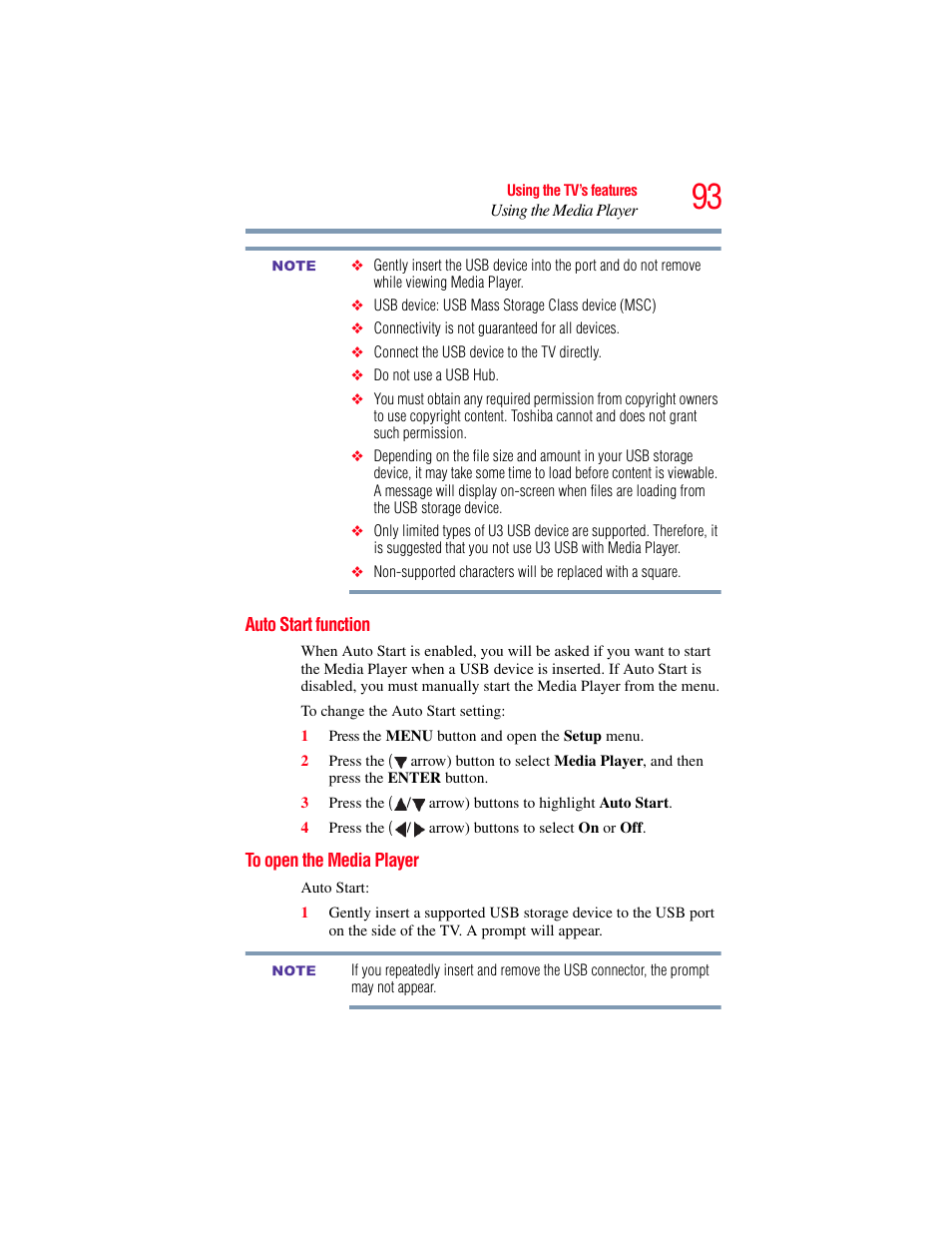 Auto start function, To open the media player, Auto start function to open the media player | OxiBrands Integrated High Definition LCD Television 40E220U User Manual | Page 93 / 130