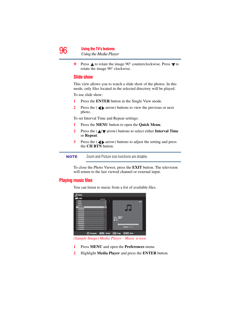 Playing music files | OxiBrands Integrated High Definition LCD Television 40E220U User Manual | Page 96 / 130