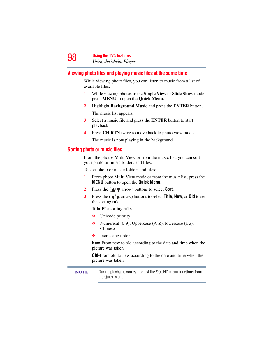 Sorting photo or music files, Viewing photo files and playing music, Files at the same time | OxiBrands Integrated High Definition LCD Television 40E220U User Manual | Page 98 / 130