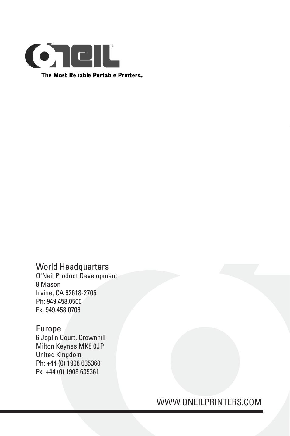 World headquarters, Europe | O'Neil MICROFLASH 2TE User Manual | Page 22 / 22