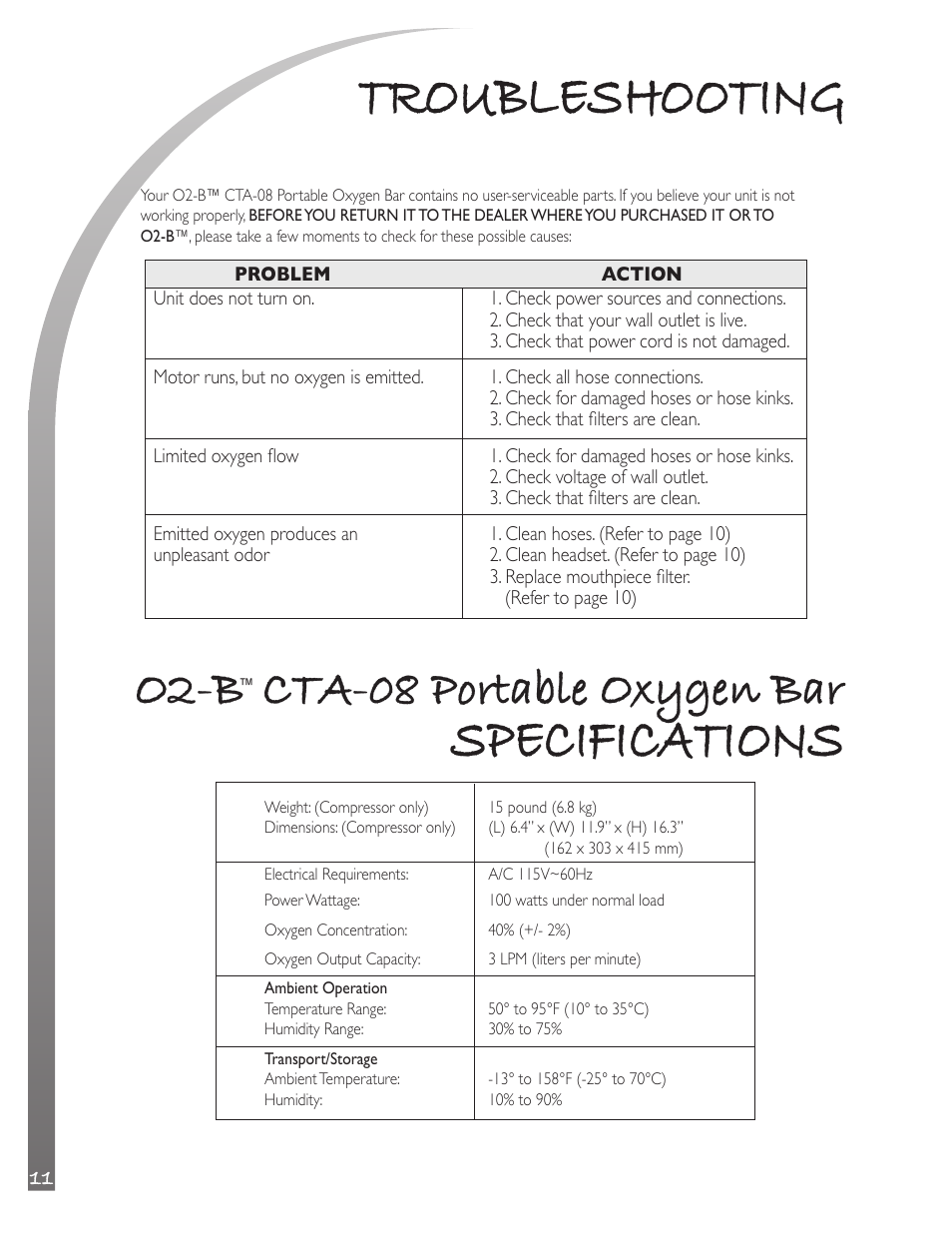 Troubleshooting, Specifications, O2-b | Cta-08 portable oxygen bar | O2 Innovations CTA-08 User Manual | Page 12 / 17
