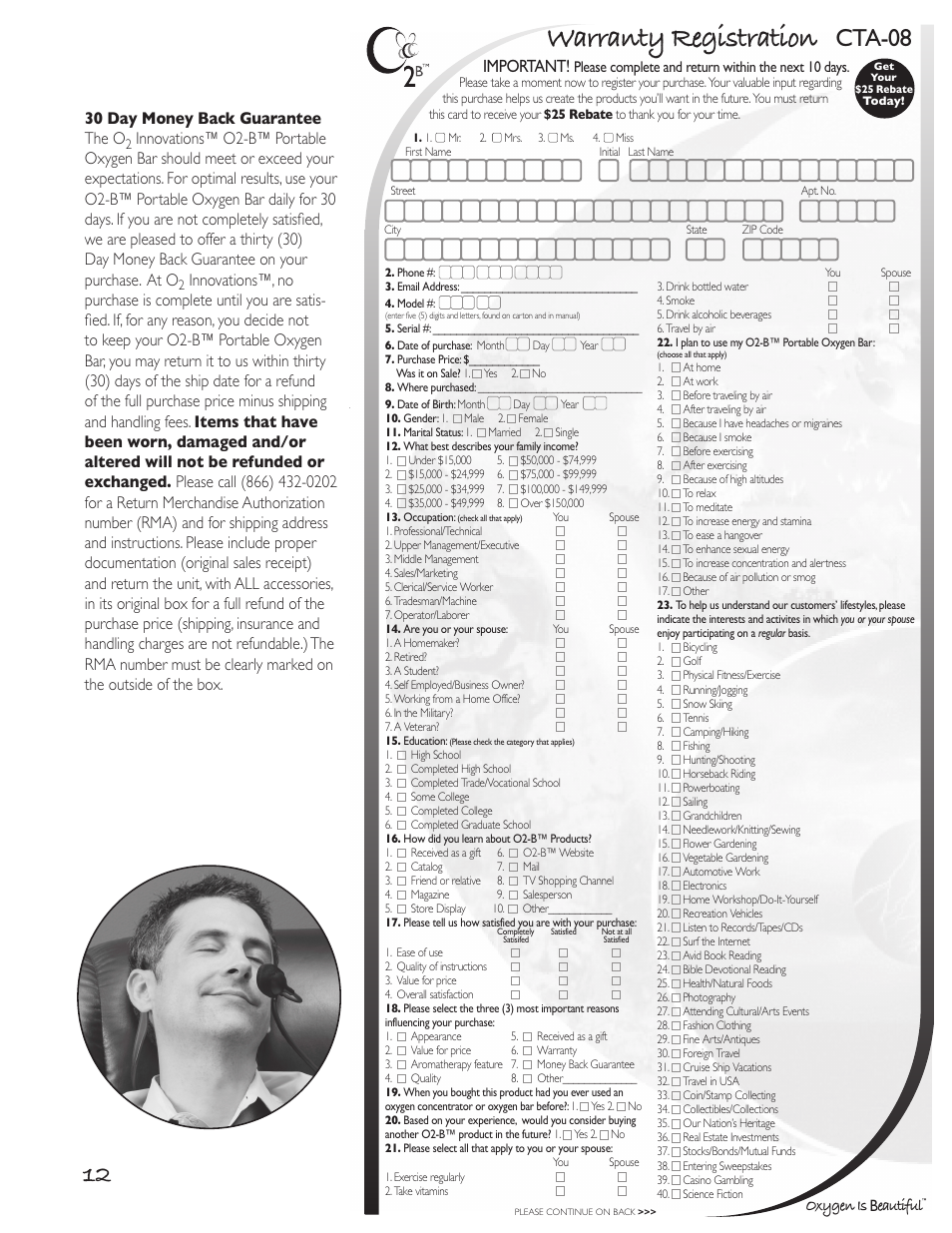 Warranty registration, Cta -08, Cta-08 | Important, 30 day money back guarantee the o, Oxygen is b eautiful | O2 Innovations CTA-08 User Manual | Page 13 / 17