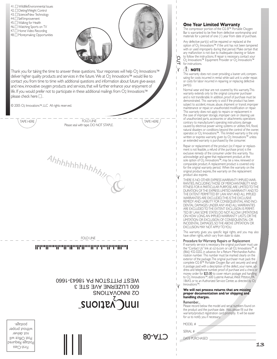Warranty registration, Cta -08, Cta-08 | Important, One year limited warranty | O2 Innovations CTA-08 User Manual | Page 14 / 17