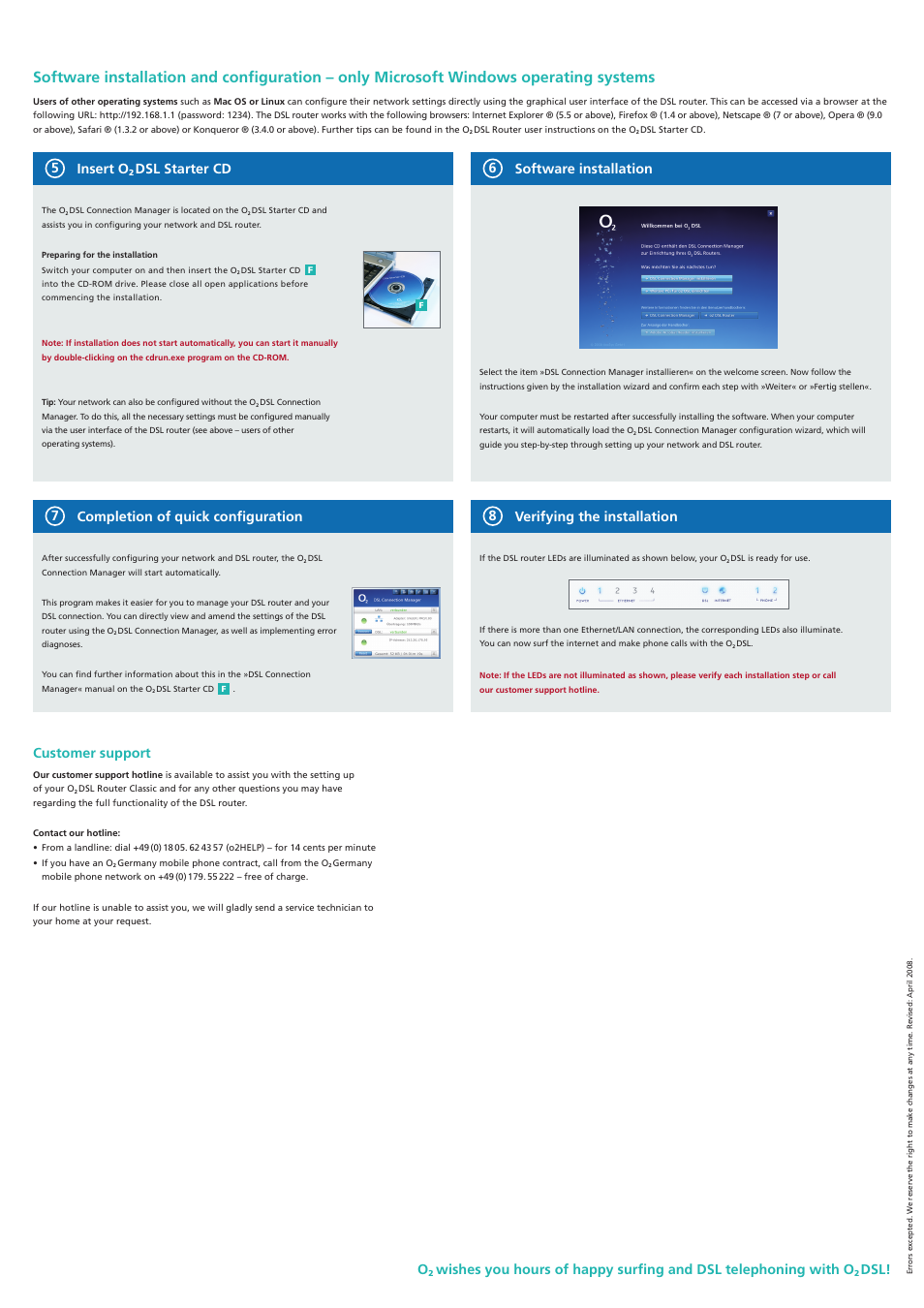 Dsl! software installation 6, Insert o, Dsl starter cd 5 | Verifying the installation 8, Completion of quick configuration customer support | O2 Innovations DSL Router User Manual | Page 2 / 2