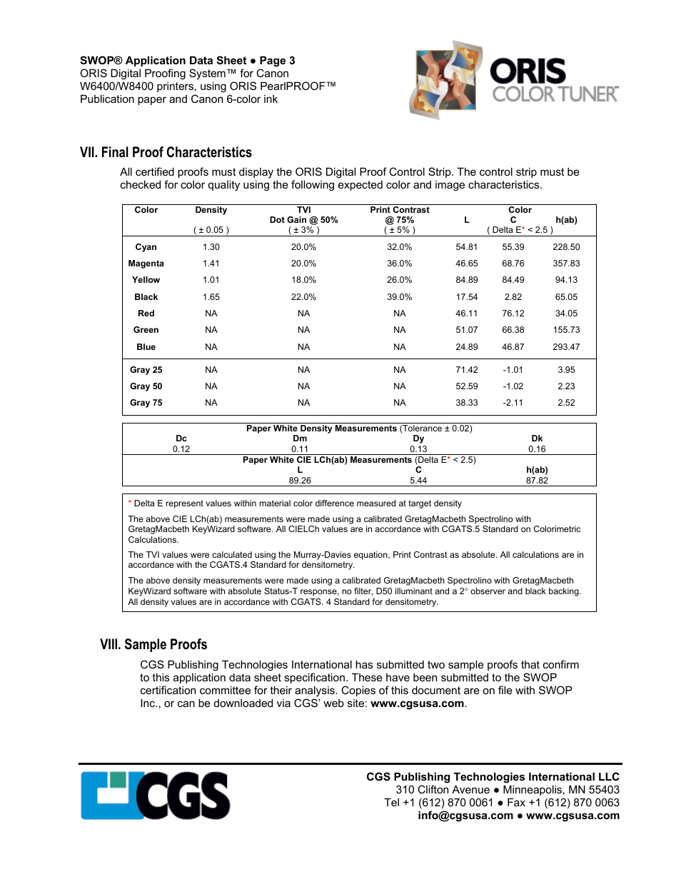 Vii. final proof characteristics, Viii. sample proofs | Oris PEARLPROOF W8400 User Manual | Page 3 / 3