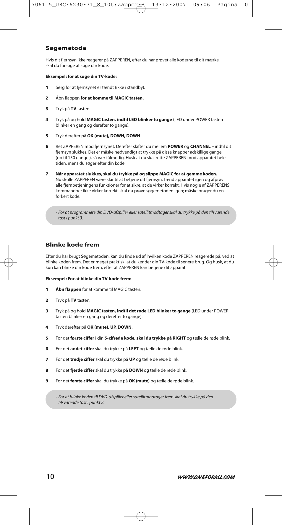 Søgemetode, Blinke kode frem | One for All URC-6231 User Manual | Page 10 / 68