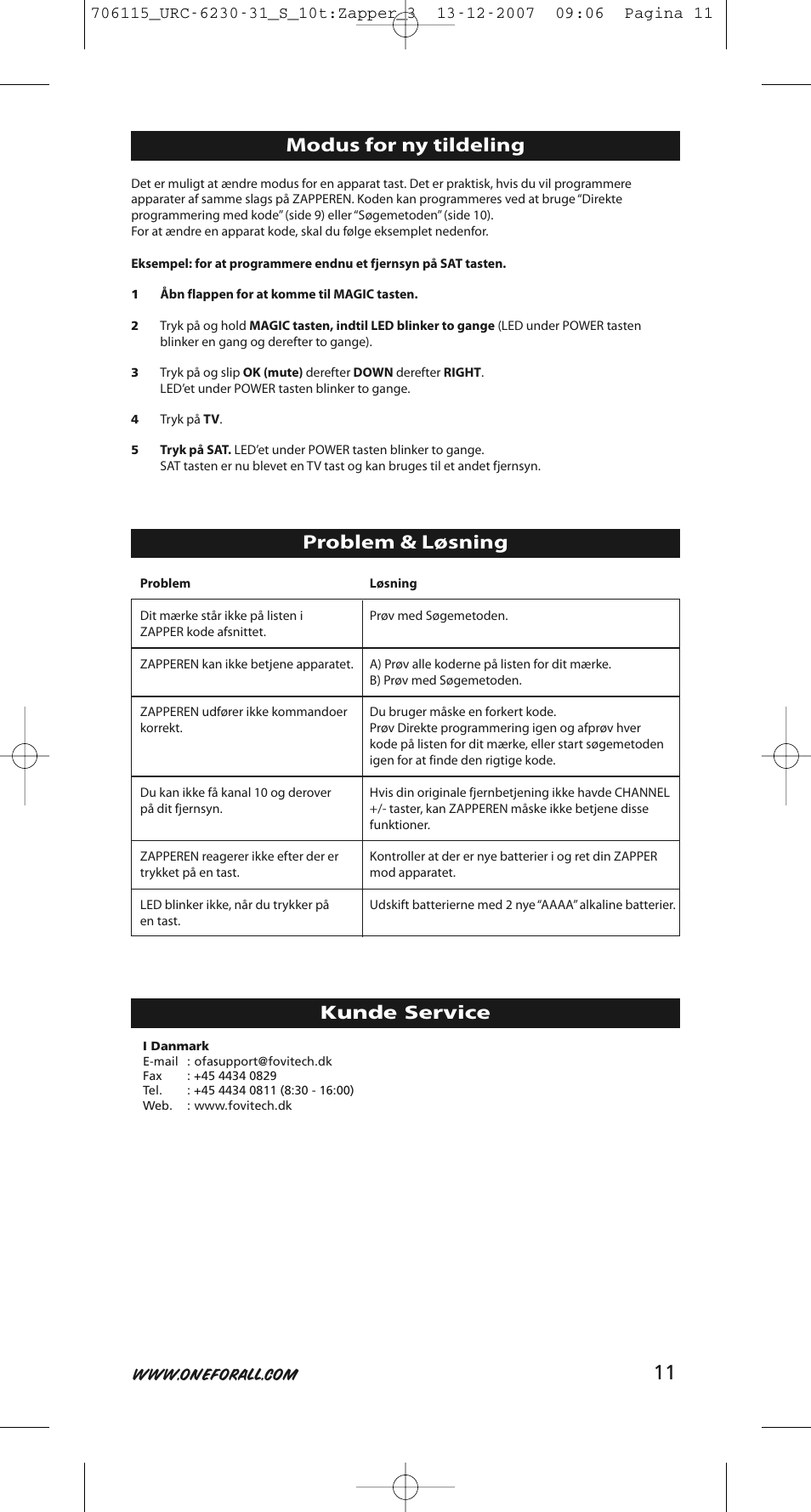 Modus for ny tildeling, Problem & løsning, Kunde service | One for All URC-6231 User Manual | Page 11 / 68