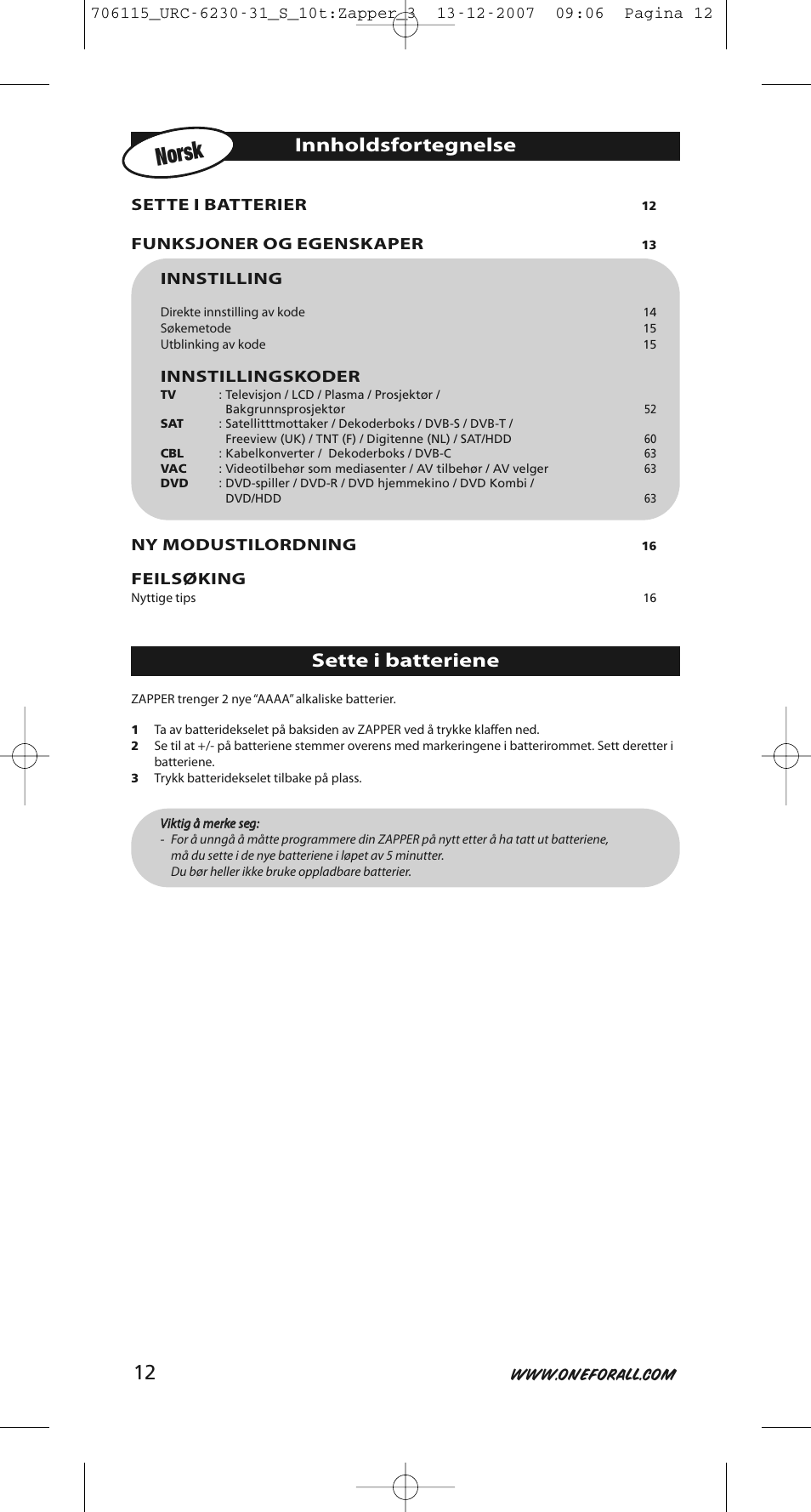 Norsk, Innholdsfortegnelse, Sette i batteriene | One for All URC-6231 User Manual | Page 12 / 68