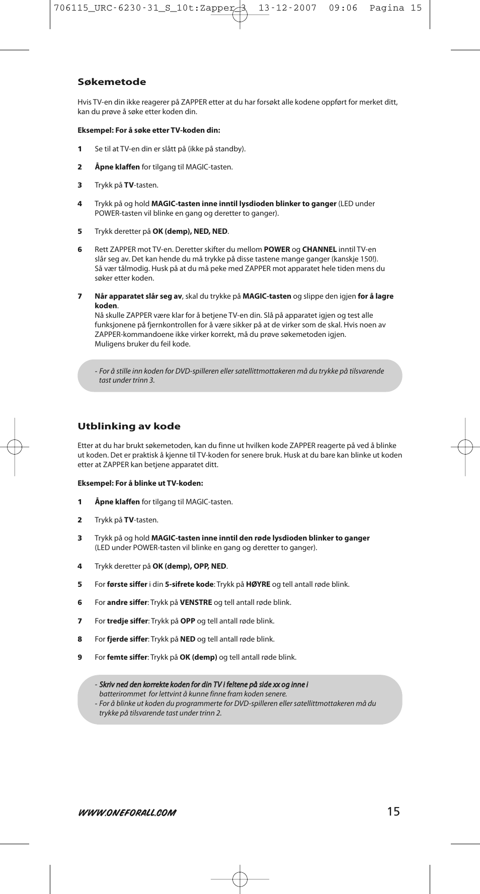 Søkemetode, Utblinking av kode | One for All URC-6231 User Manual | Page 15 / 68