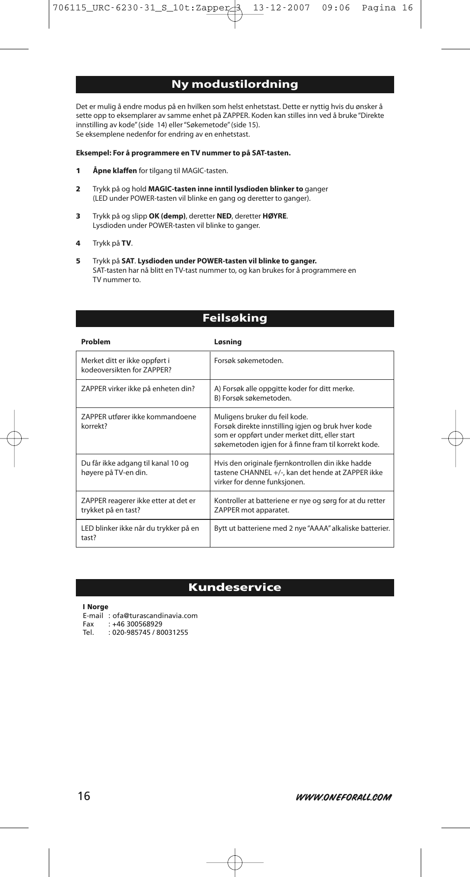 Ny modustilordning, Feilsøking, Kundeservice | One for All URC-6231 User Manual | Page 16 / 68