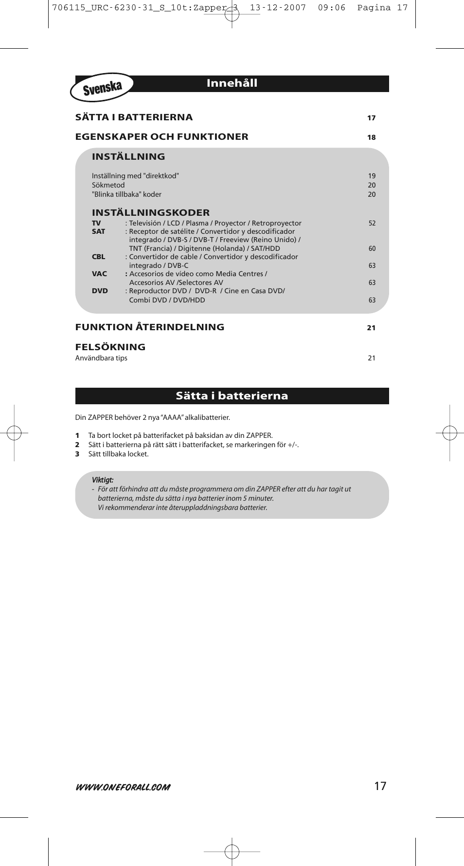 Svenska, Innehåll, Sätta i batterierna | One for All URC-6231 User Manual | Page 17 / 68