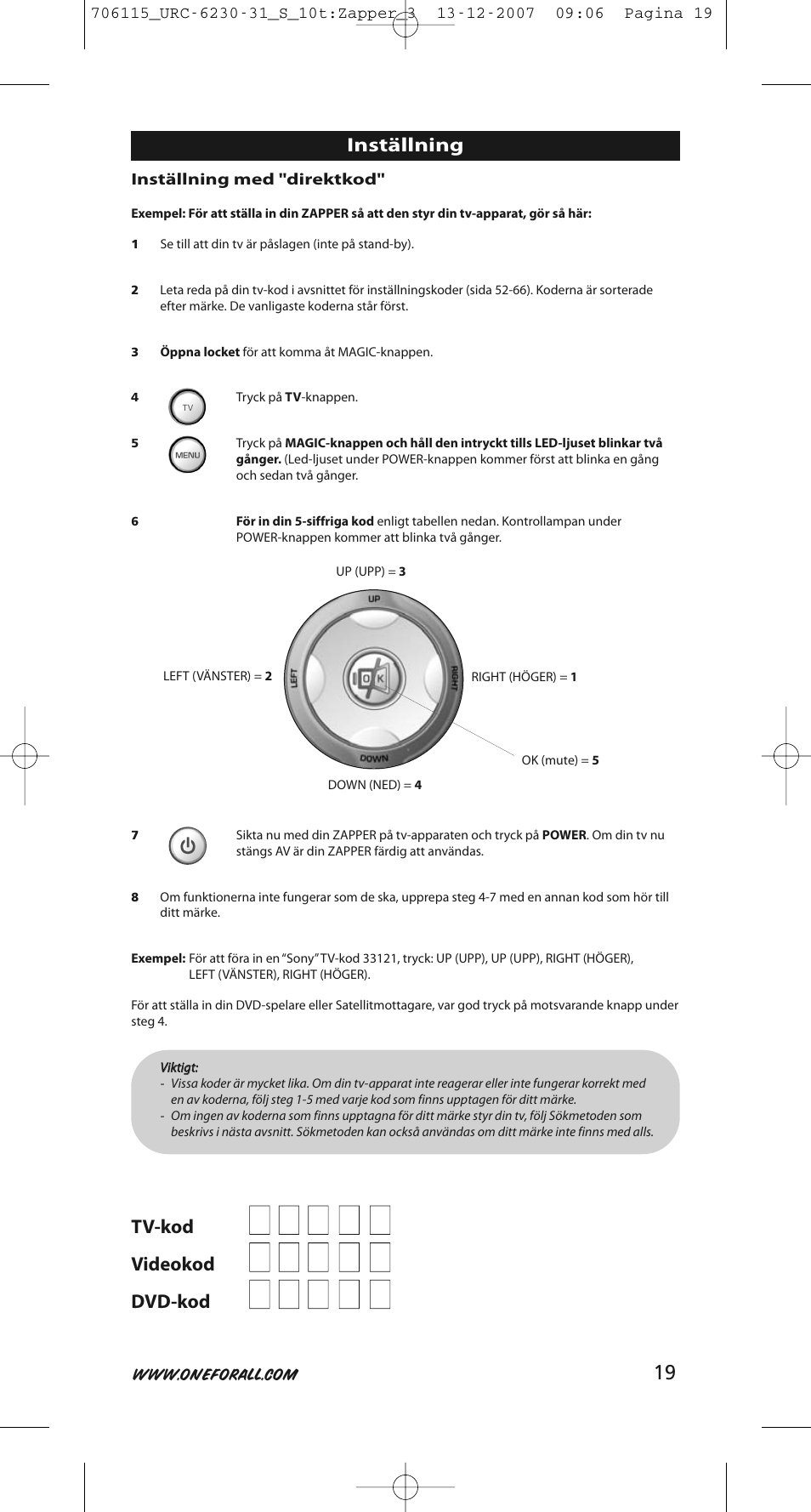 One for All URC-6231 User Manual | Page 19 / 68
