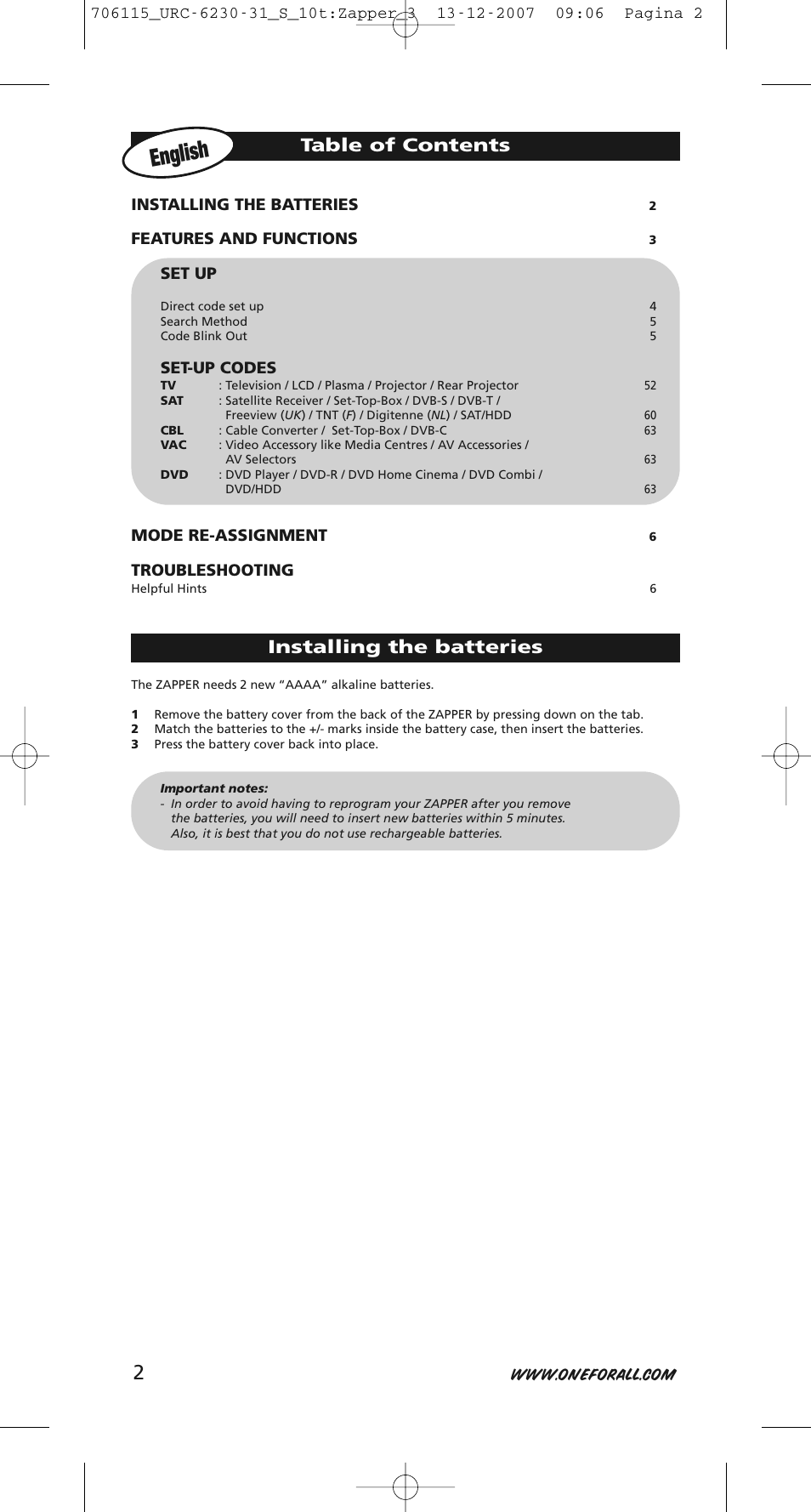 One for All URC-6231 User Manual | Page 2 / 68
