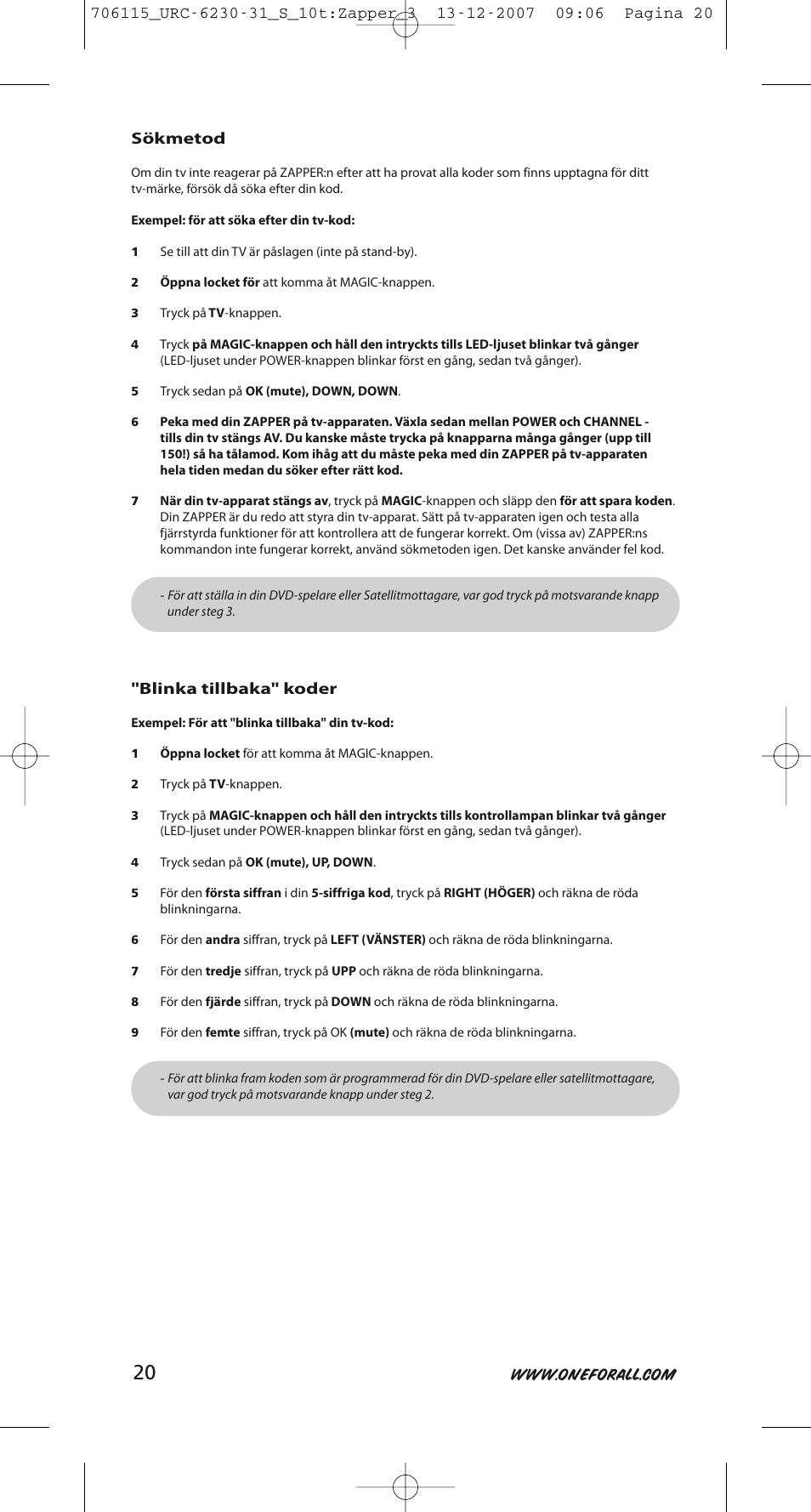 Sökmetod, Blinka tillbaka" koder | One for All URC-6231 User Manual | Page 20 / 68
