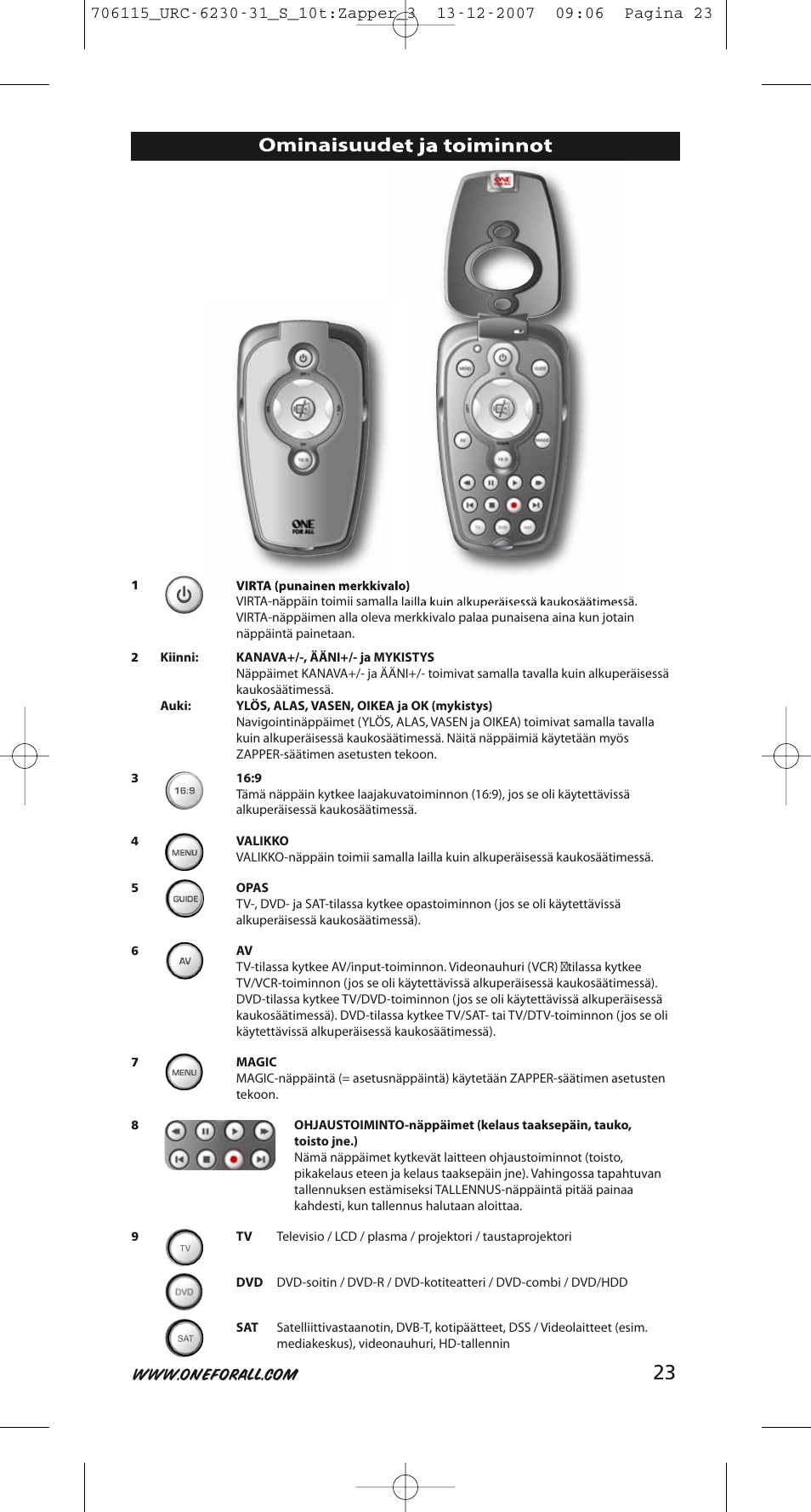 Ominaisuudet ja toiminnot | One for All URC-6231 User Manual | Page 23 / 68