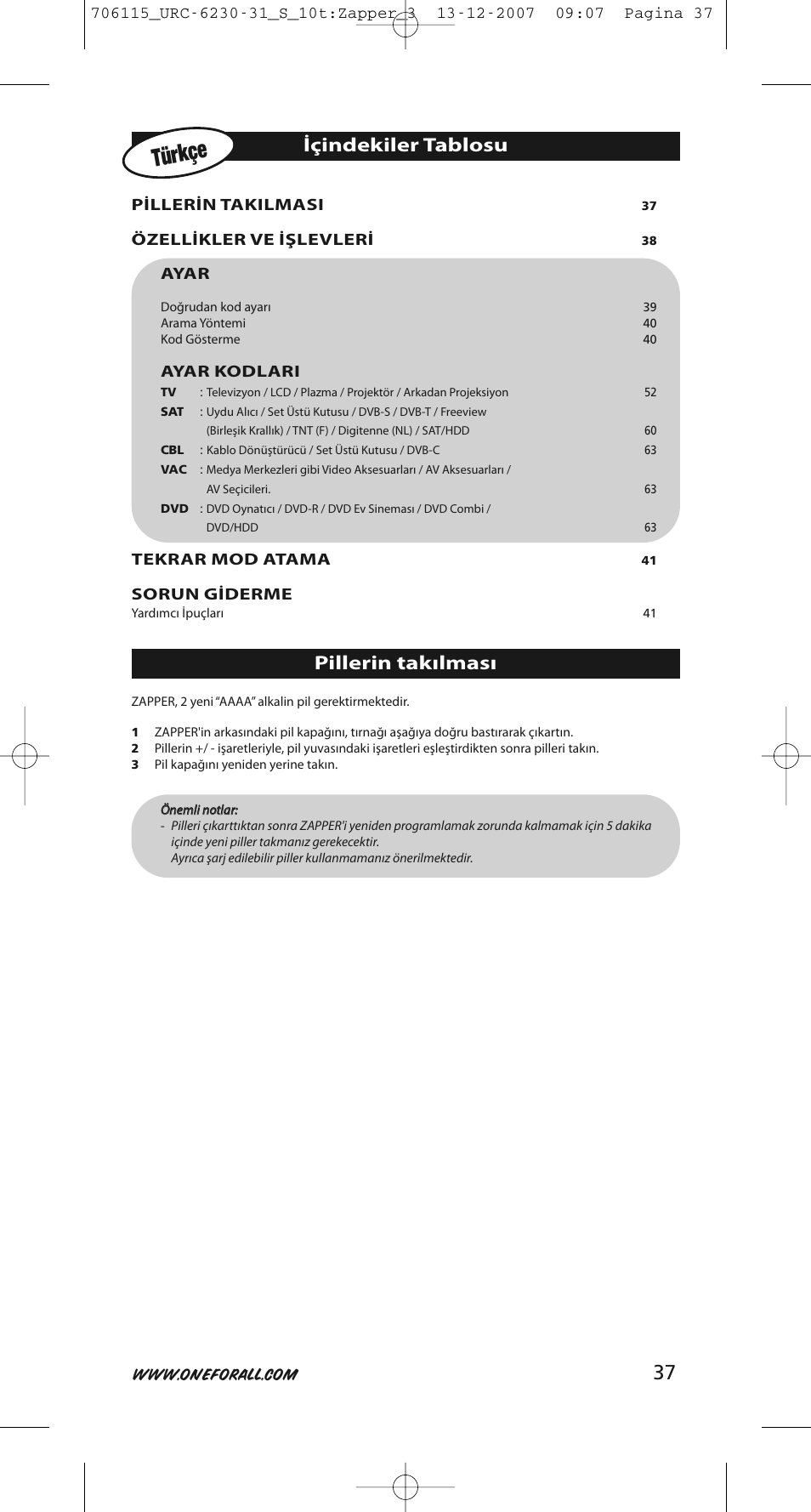 Türkçe, Içindekiler tablosu, Pillerin takılması | One for All URC-6231 User Manual | Page 37 / 68