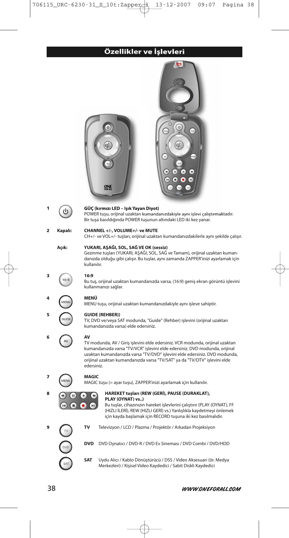 Özellikler ve işlevleri | One for All URC-6231 User Manual | Page 38 / 68
