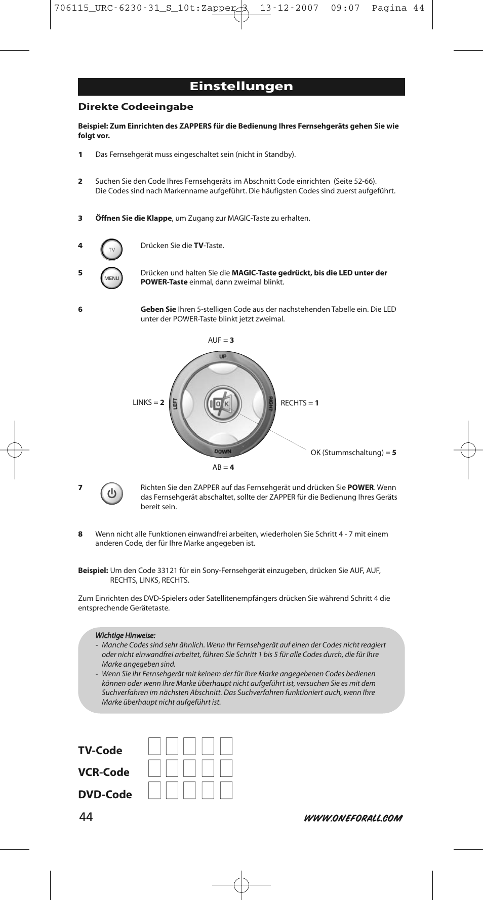 One for All URC-6231 User Manual | Page 44 / 68