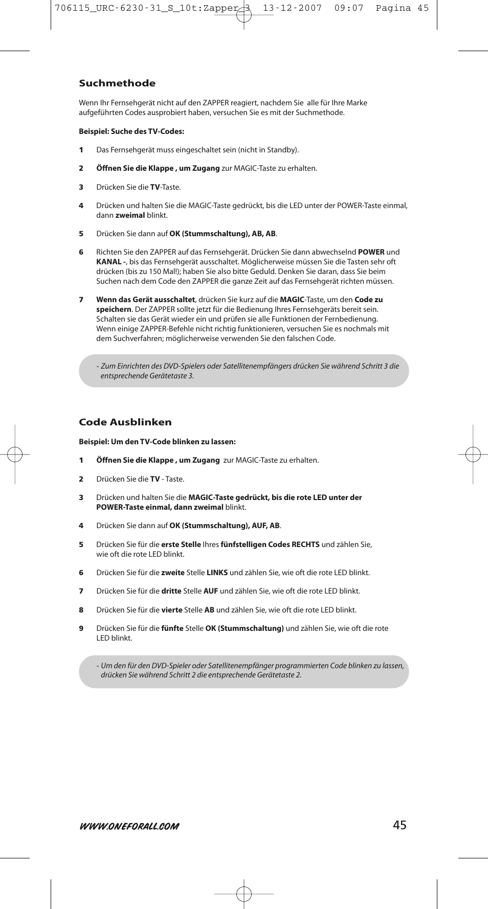 Suchmethode, Code ausblinken | One for All URC-6231 User Manual | Page 45 / 68