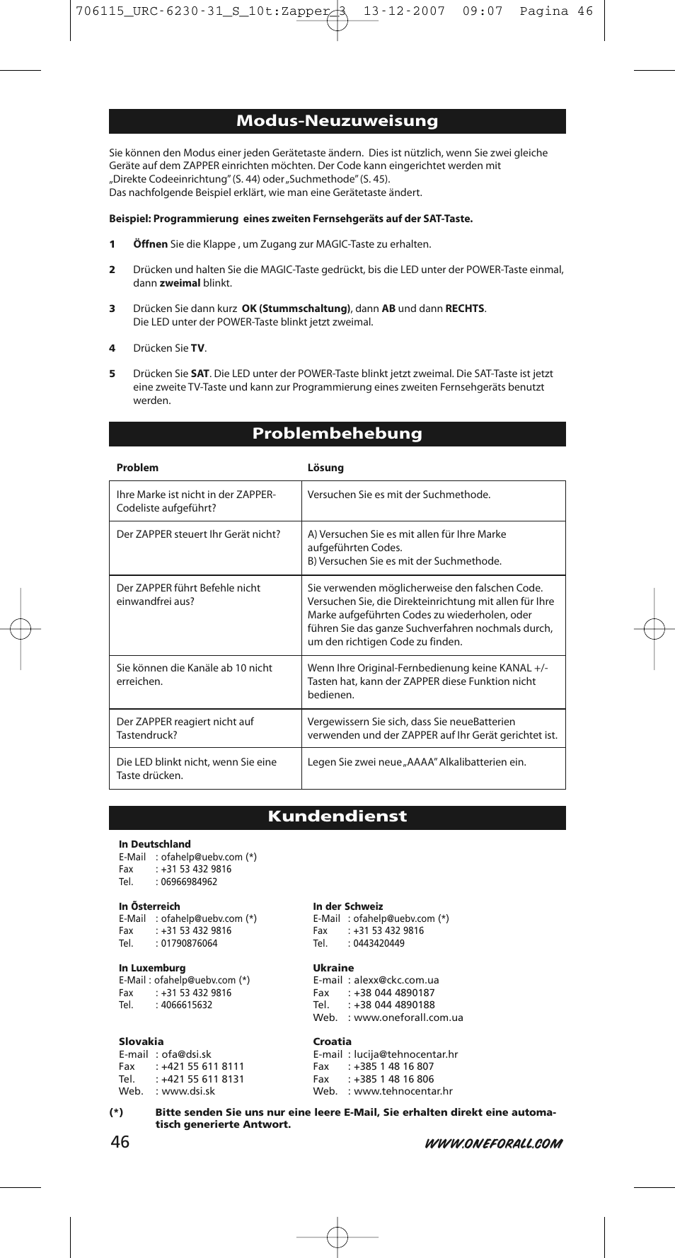 Modus-neuzuweisung, Problembehebung, Kundendienst | One for All URC-6231 User Manual | Page 46 / 68