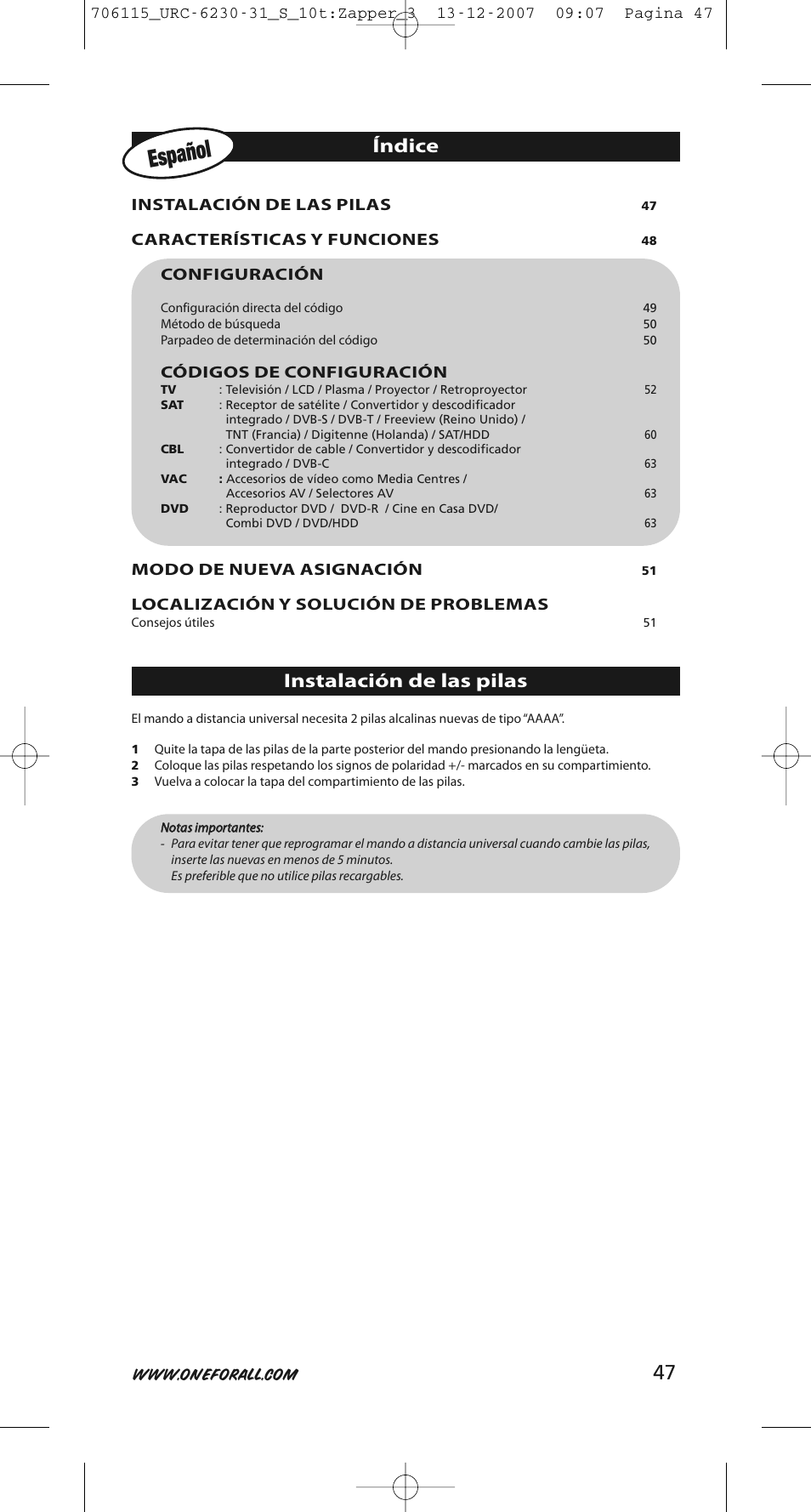 Español, Índice, Instalación de las pilas | One for All URC-6231 User Manual | Page 47 / 68