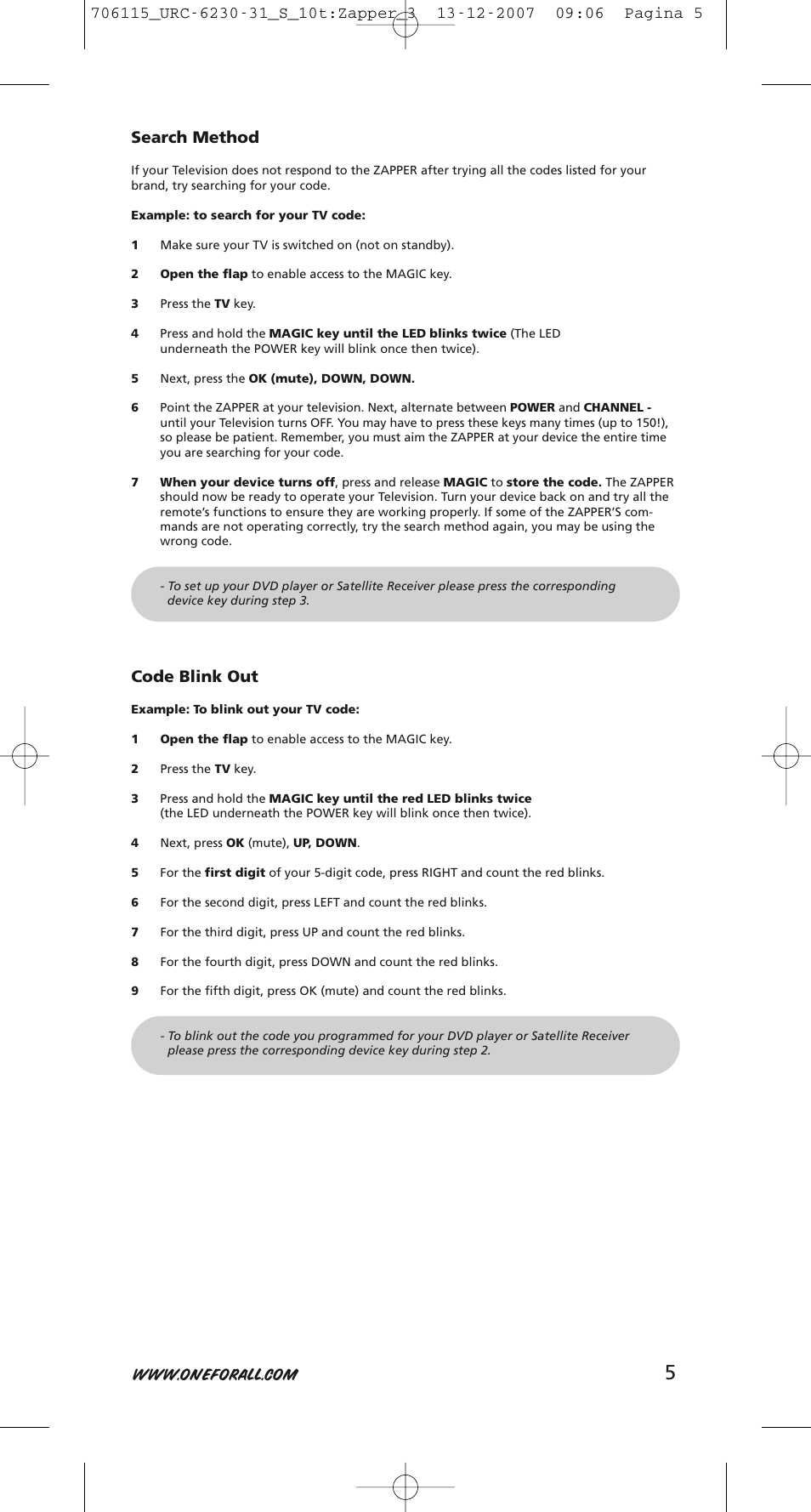 Search method, Code blink out | One for All URC-6231 User Manual | Page 5 / 68