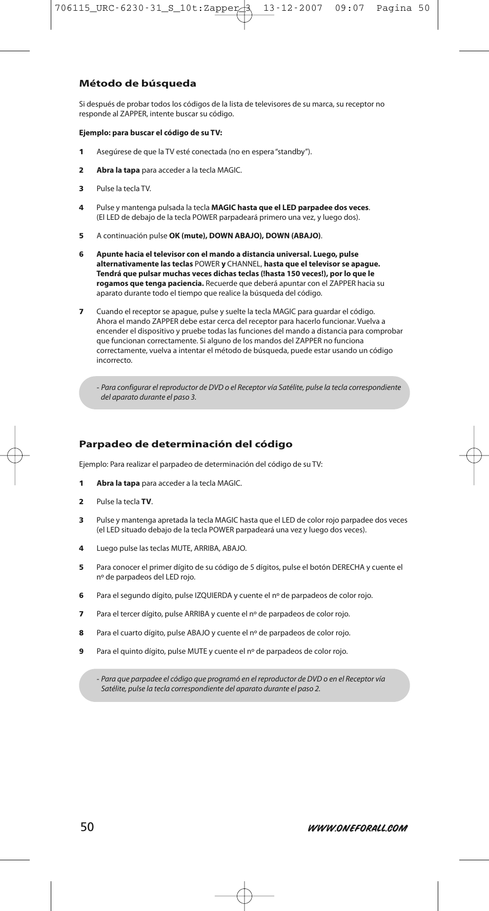 Método de búsqueda, Parpadeo de determinación del código | One for All URC-6231 User Manual | Page 50 / 68