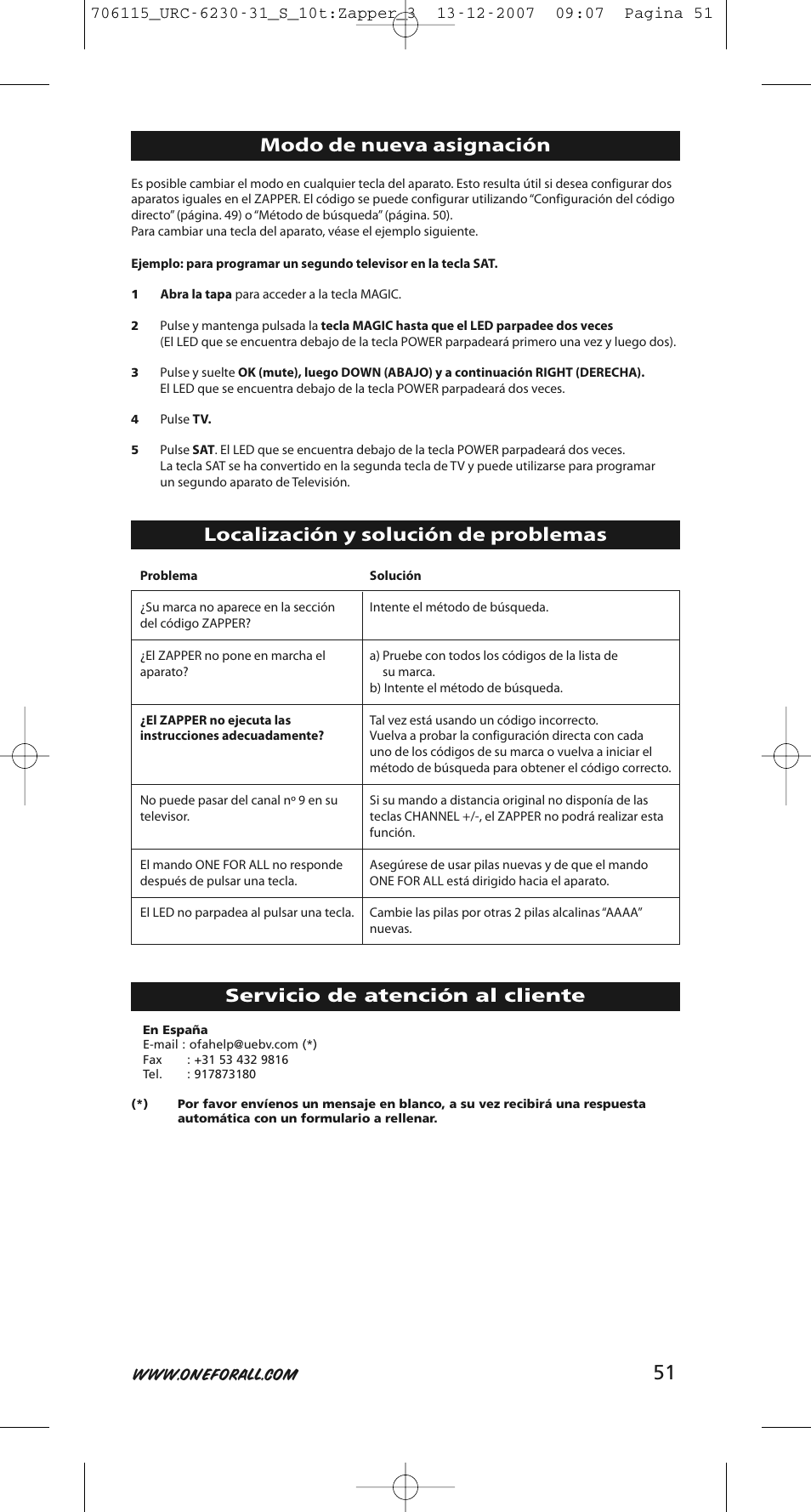 Modo de nueva asignación, Localización y solución de problemas, Servicio de atención al cliente | One for All URC-6231 User Manual | Page 51 / 68