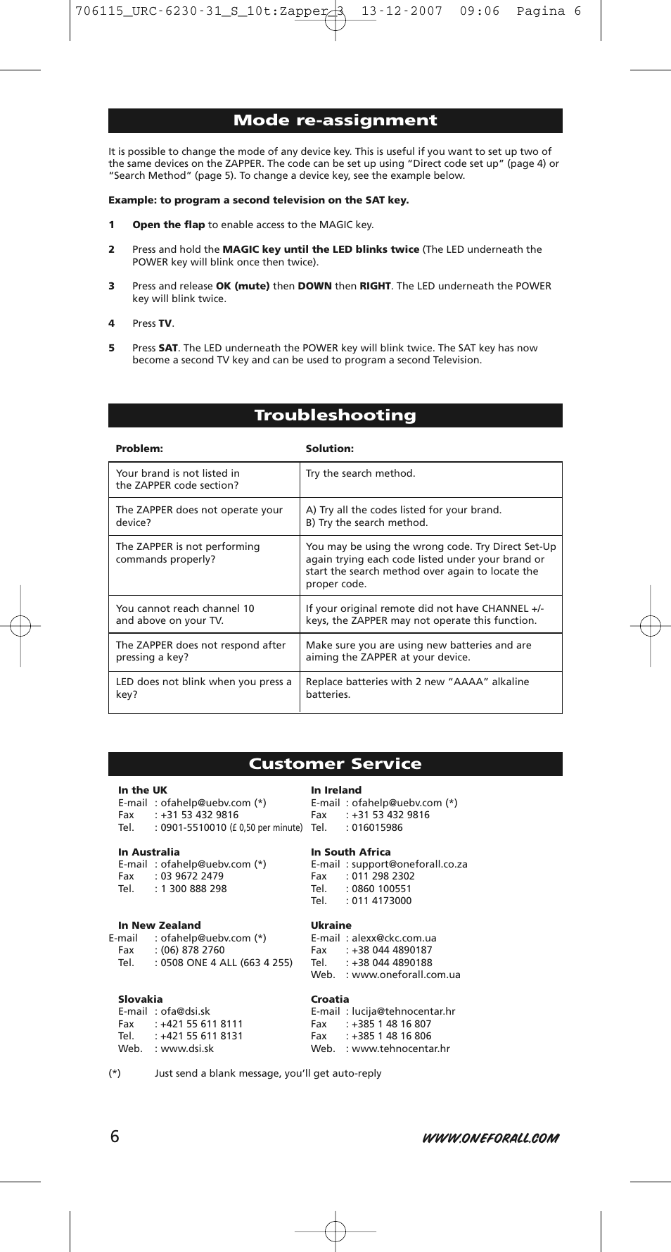 Mode re-assignment, Troubleshooting customer service | One for All URC-6231 User Manual | Page 6 / 68