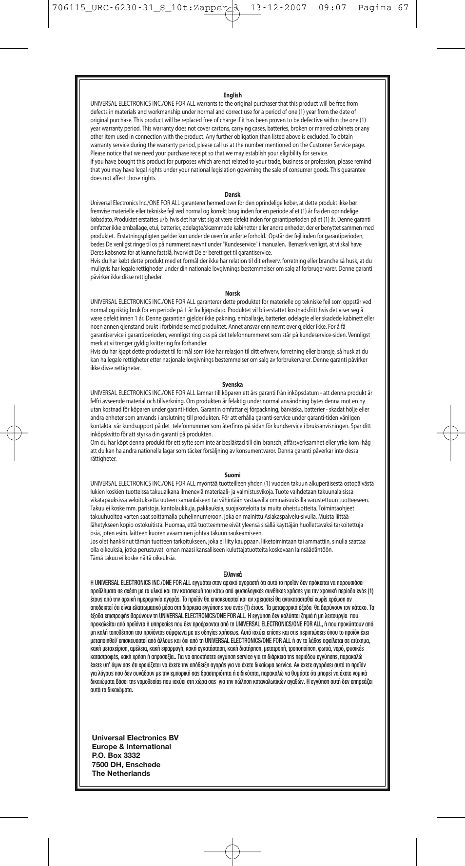 One for All URC-6231 User Manual | Page 67 / 68