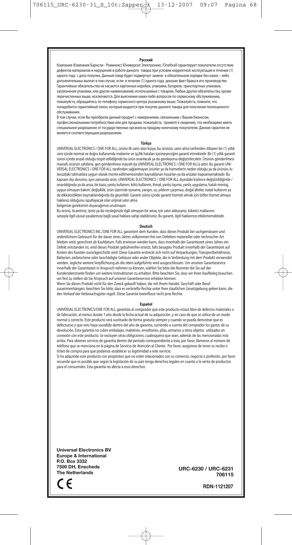 One for All URC-6231 User Manual | Page 68 / 68