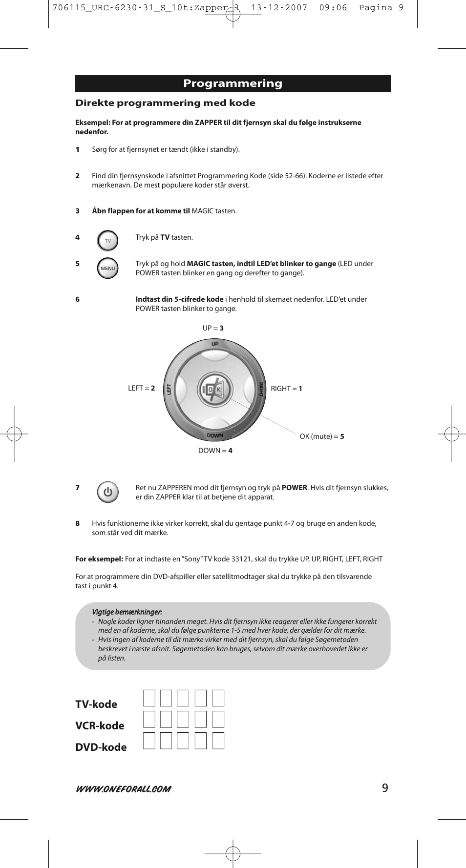 One for All URC-6231 User Manual | Page 9 / 68