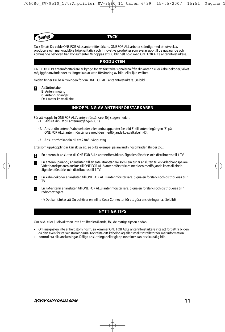 Sverige | One for All SV-9510 User Manual | Page 13 / 26