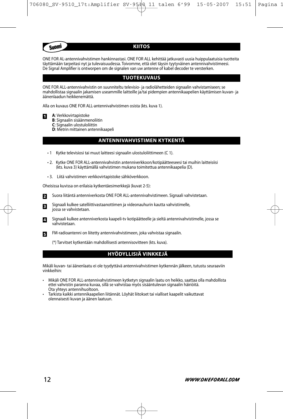 Suomi | One for All SV-9510 User Manual | Page 14 / 26