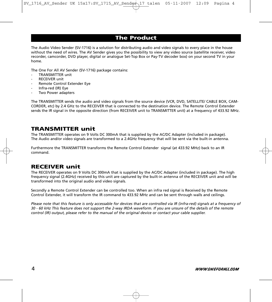 Transmitter unit, Receiver unit, The product | One for All SV-1716 User Manual | Page 4 / 8