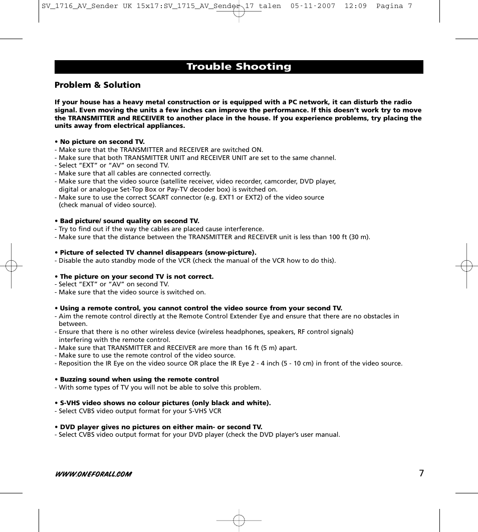 Trouble shooting | One for All SV-1716 User Manual | Page 7 / 8