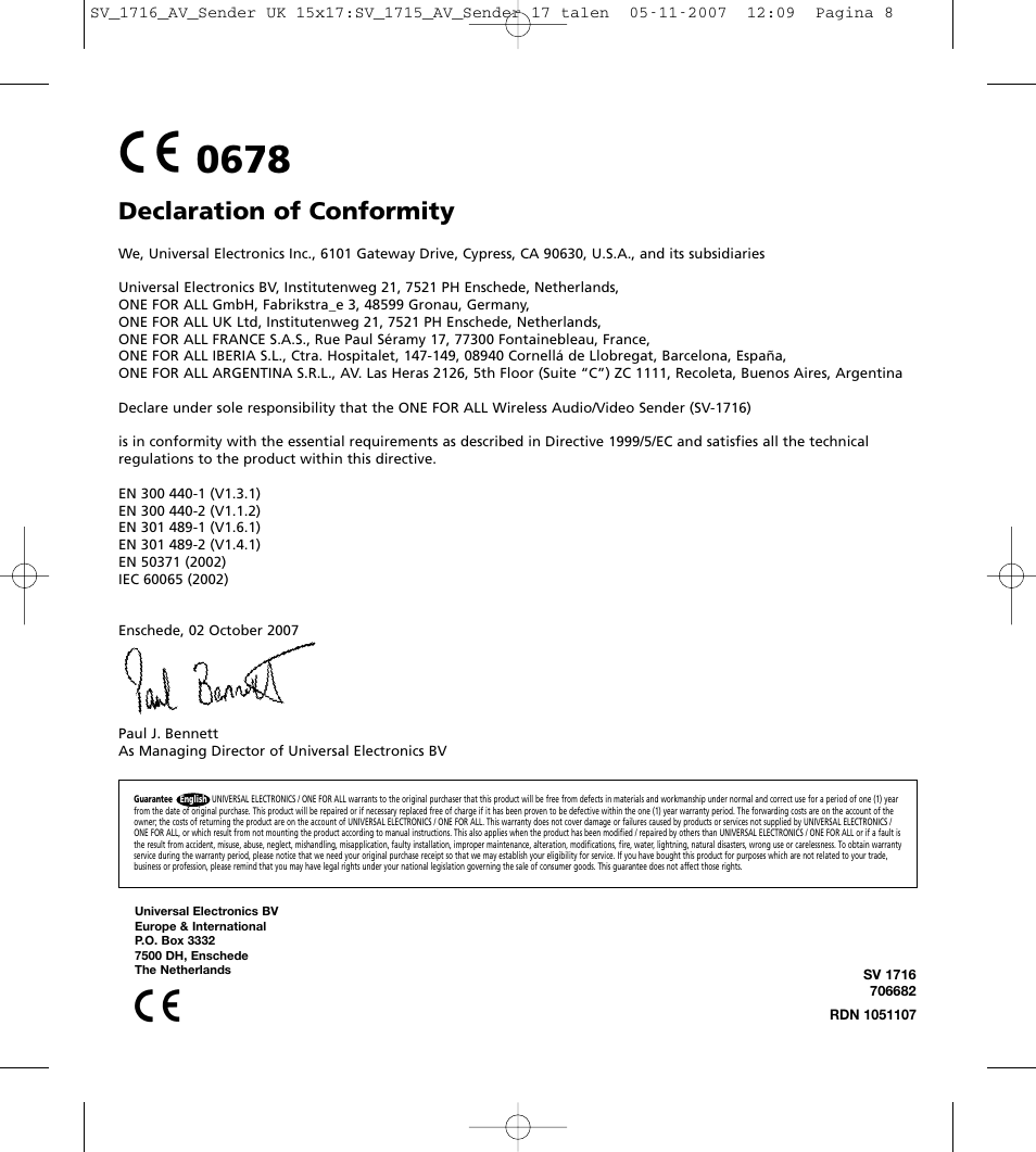 Declaration of conformity | One for All SV-1716 User Manual | Page 8 / 8