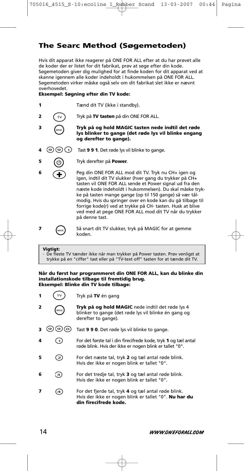 The searc method (søgemetoden) | One for All URC-3415 User Manual | Page 14 / 84