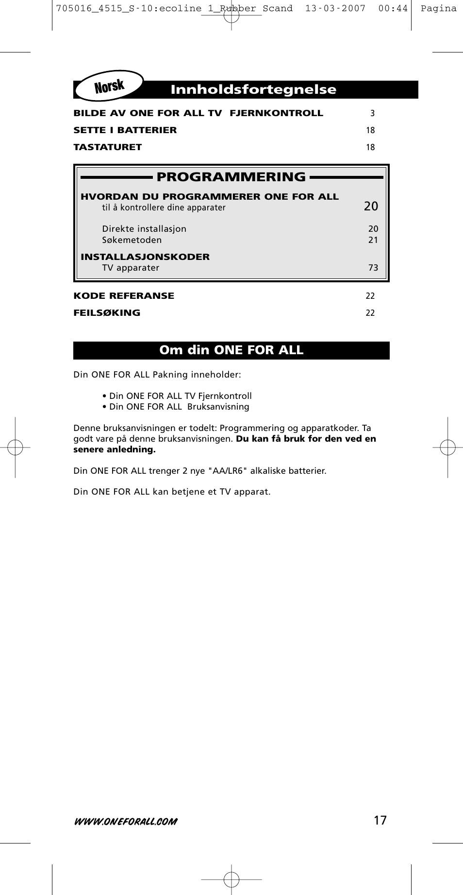 Norsk, Programmering, Innholdsfortegnelse om din one for all | One for All URC-3415 User Manual | Page 17 / 84