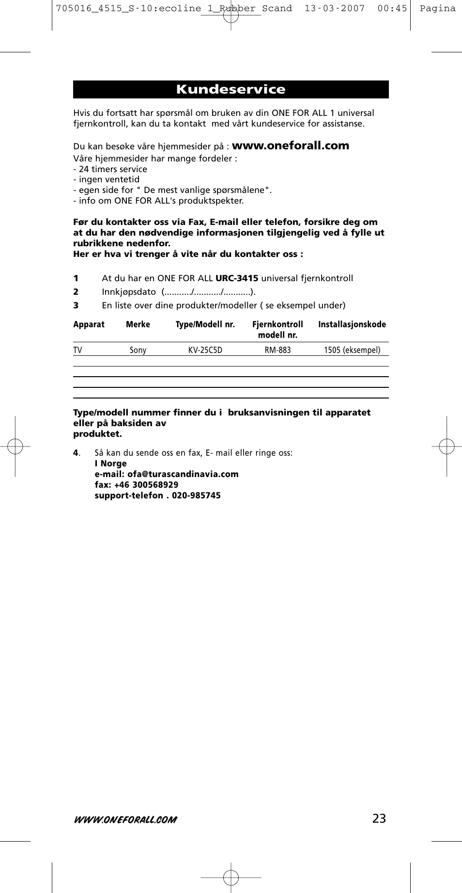 Kundeservice | One for All URC-3415 User Manual | Page 23 / 84