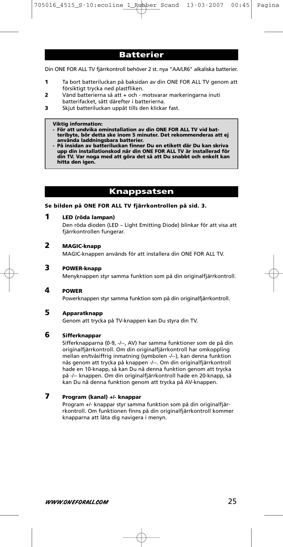 Batterier, Knappsatsen | One for All URC-3415 User Manual | Page 25 / 84