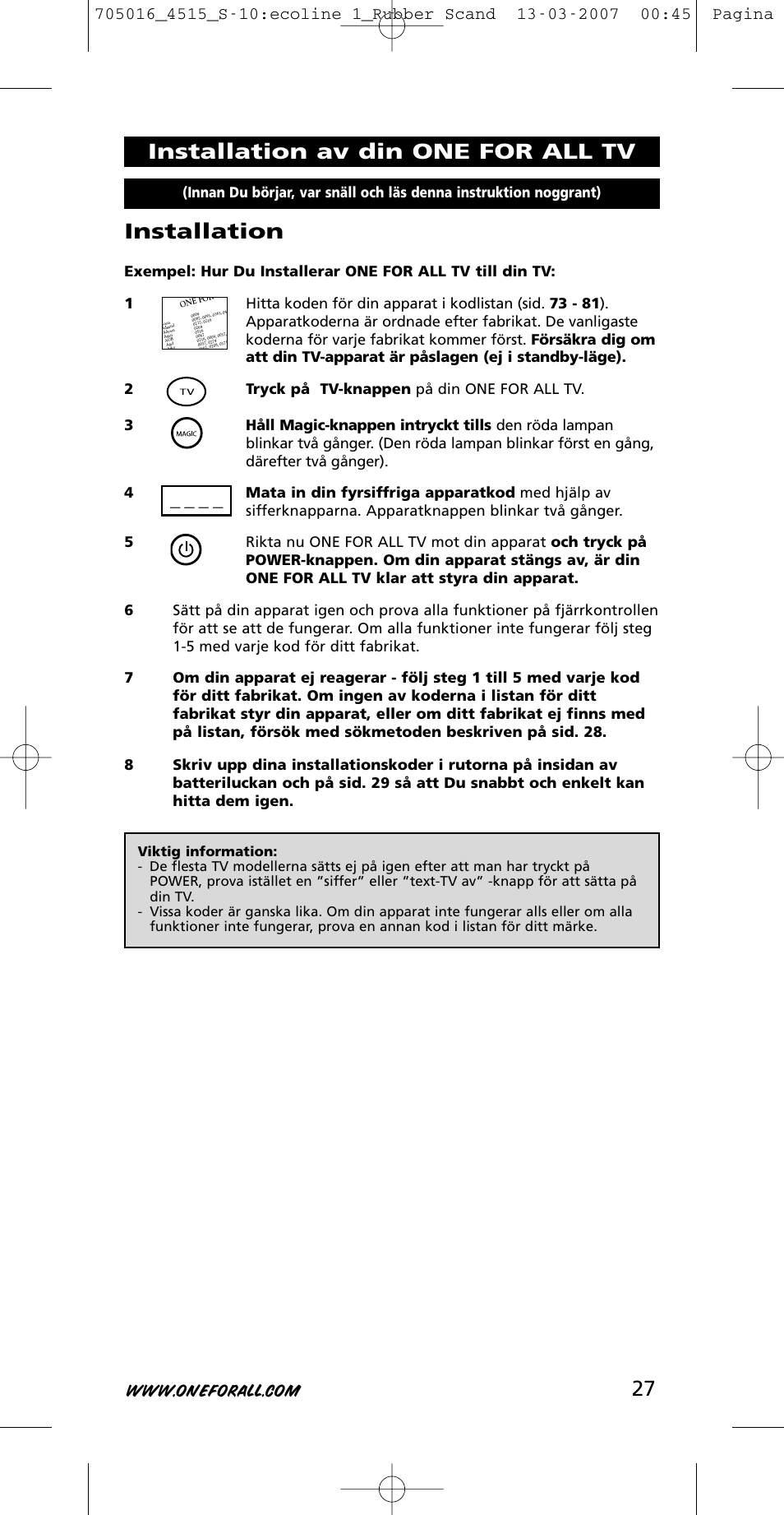 Installation, Installation av din one for all tv | One for All URC-3415 User Manual | Page 27 / 84